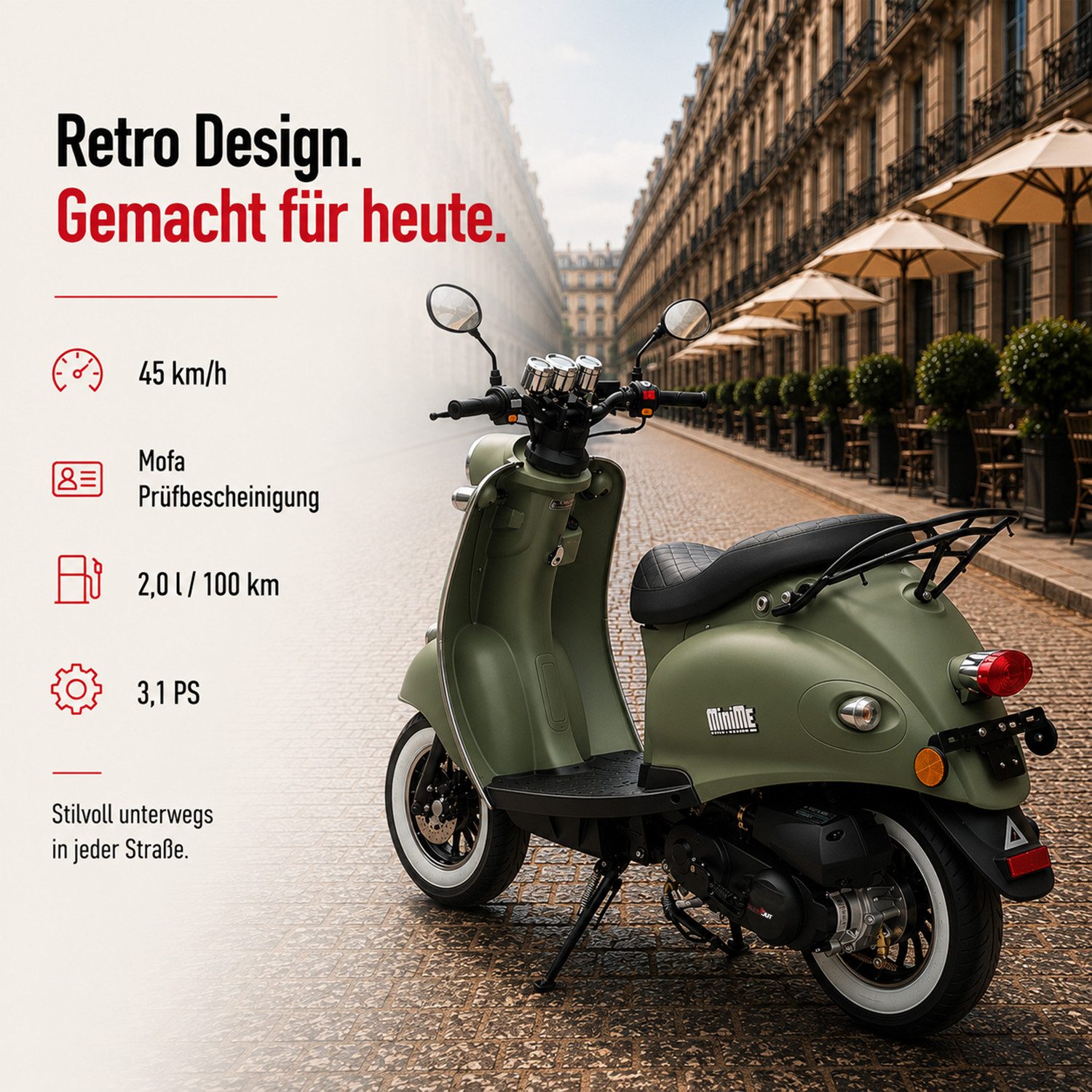 Burnout Motorroller MiniMe 2.0 Mattgrün, 50 ccm, 45 km/h, Euro 5, Unverwechselbares Retro Design, Moped