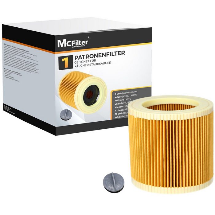 McFilter Patronenfilter (1 Filter) Lamellenfilter für Kärcher Nass-Trockensauger Staubsauger WD 3.300 3.320 3.370 M wie Kärcher 6.414-552.0 6.414-772.0 6.414-547.0 (1-St. Filter + Verschlussschraube) gegen Feinstaub & Gerüche