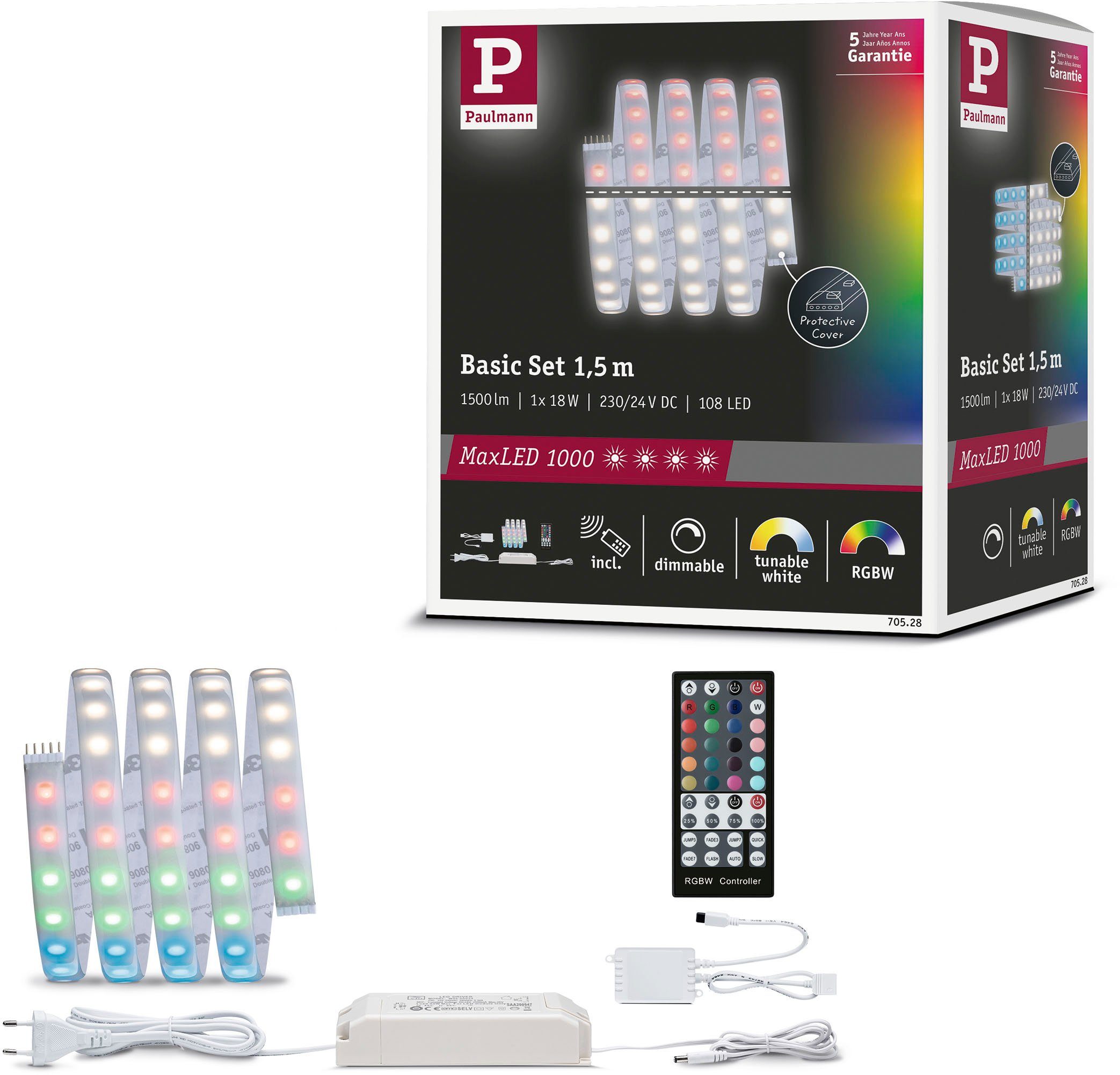 Paulmann LED-Streifen MaxLED 1000 Basisset 1,5m IP44 Cover 3000K 18W 230/24V 50VA Silber, 1-flammig, RGBW