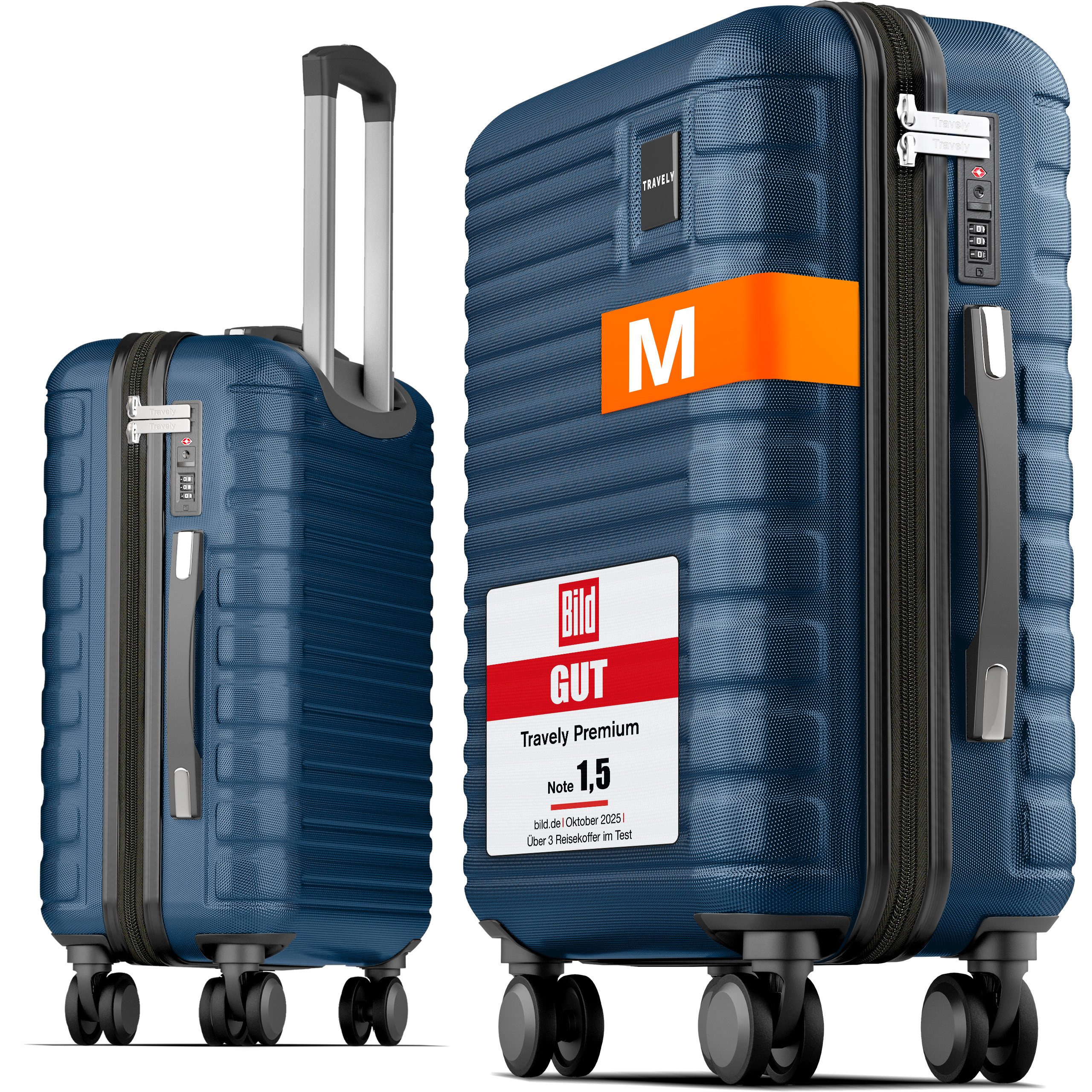 Travely Koffer Polycarbonat Handgepäck Koffer 55x40x20cm - für Ryanair Lufthansa etc, 4 Rollen, Designed in Germany, austauschbare Griffe und Rollen