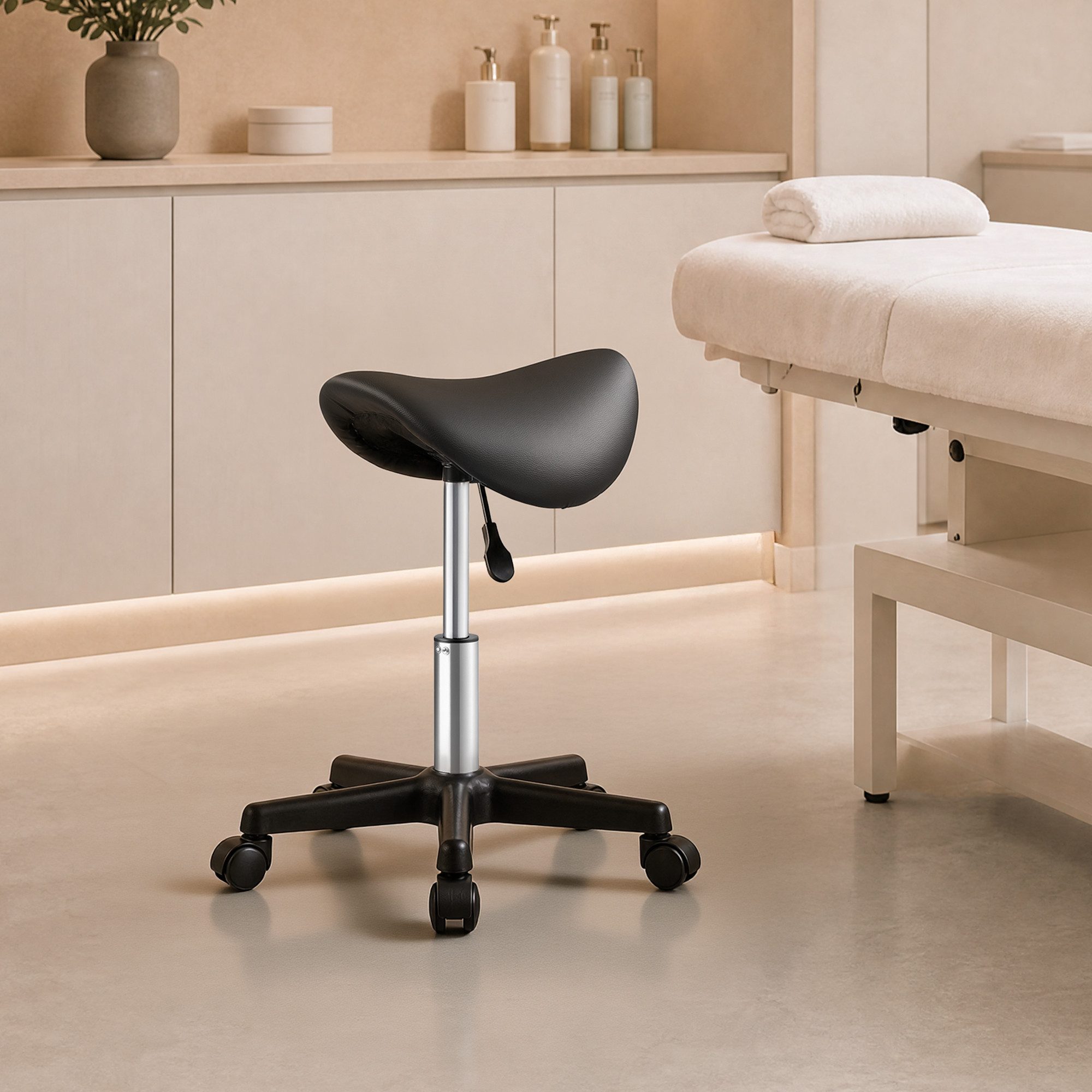 SONGMICS Arbeitshocker Sattelhocker, Höhenverstellbar, 360° Drehbar, bis 150 kg, für Büro, Ergonomischer Arbeitsstuhl aus PU-Leder, 56 x 56 x 45-61 cm