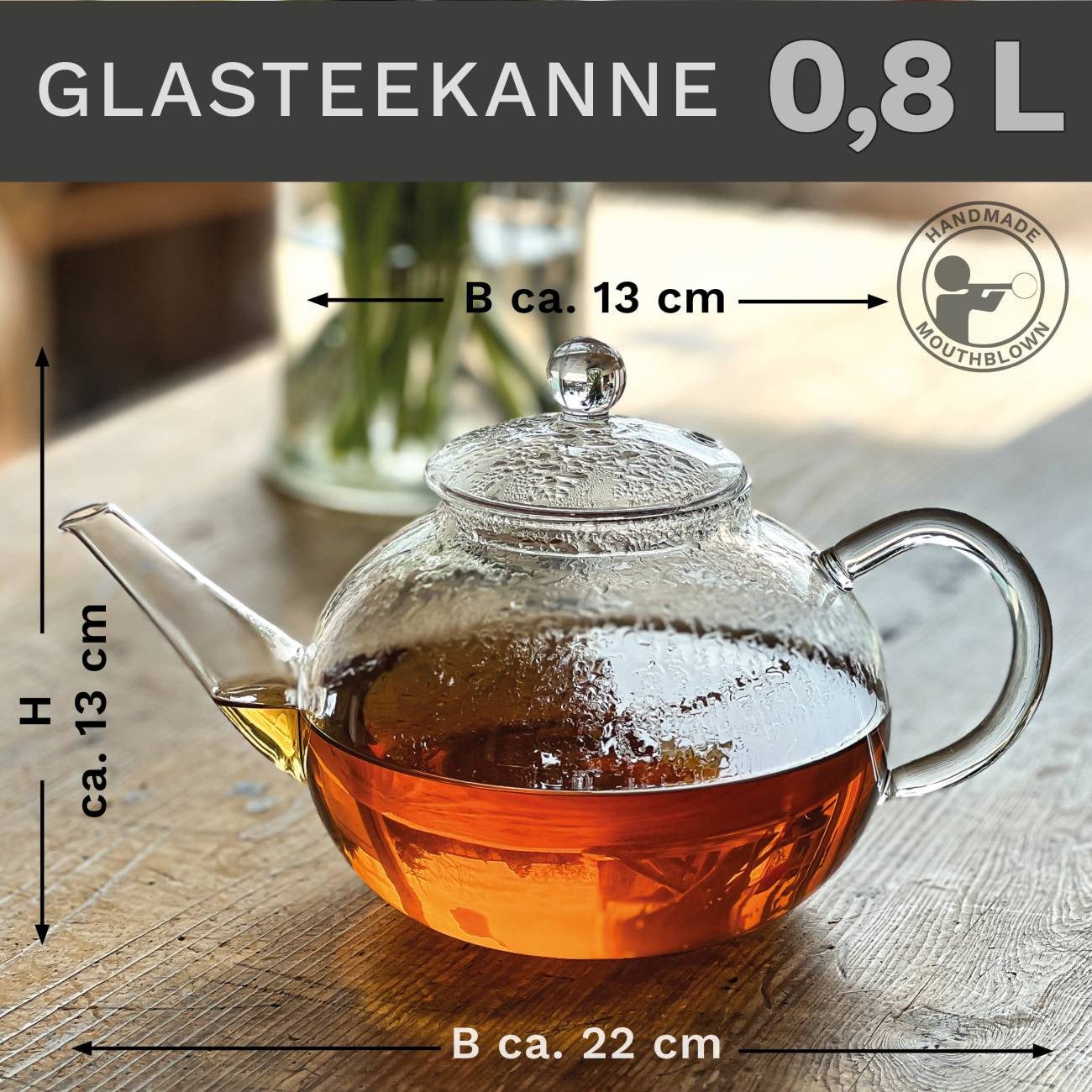 Creano Teekanne Teekanne “flach” 0,8 Liter, 0,8 l, (1er-Set, 3-St., Teekanne & Deckel), tropffrei