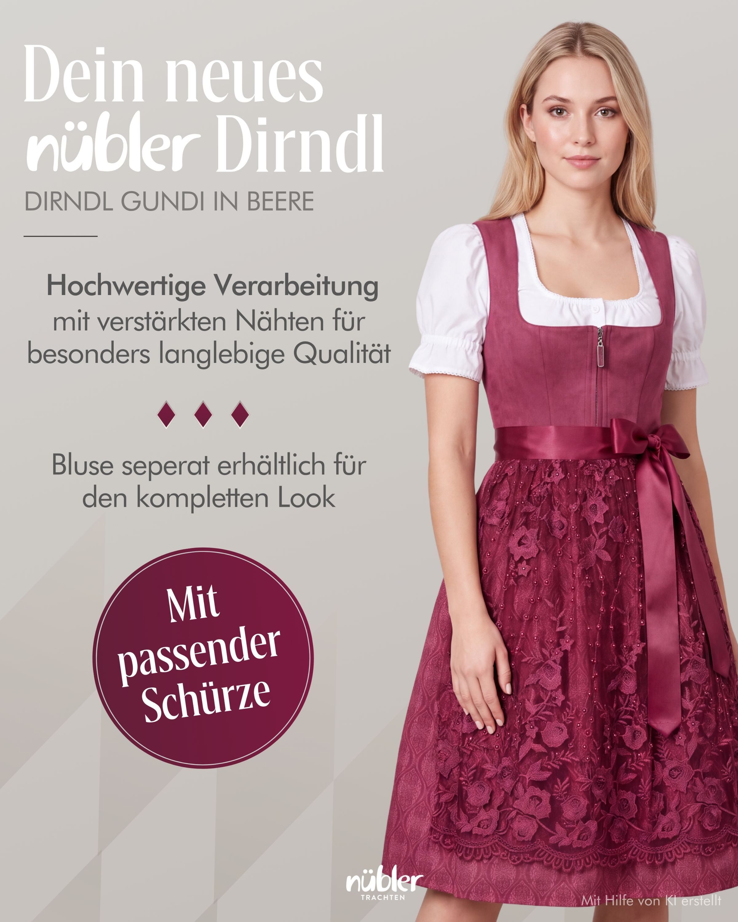 Nübler Trachtenkleid Midi Dirndl Gundi in Beere von Nübler - Rocklänge 65 cm