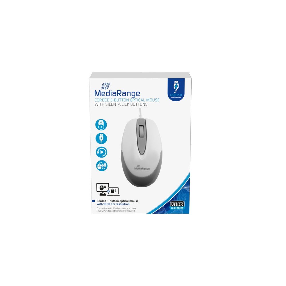 Mediarange Mediarange Maus optisch mit Kabel 3 Tasten 1000 dpi weiß MROS214 Maus
