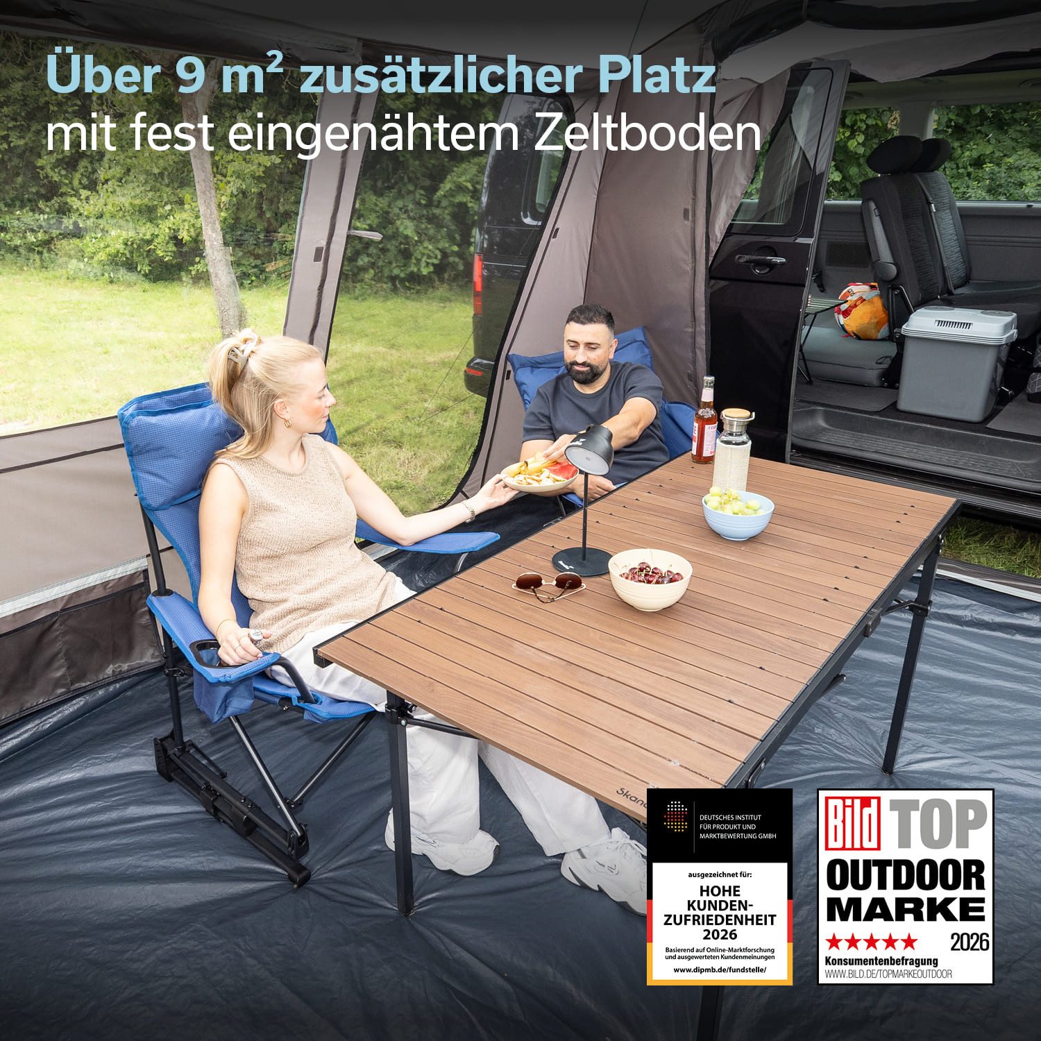 Skandika Buszelt Pitea Van Protect, freistehend, für Auto, CUV, Bus, Minivan, UPF 50+, Personen: 4 (Moskitonetz an allen 3 Türen und am Schleuseneingang), 225 cm Stehhöhe, 5000 mm Wassersäule, eingenähter Zeltboden