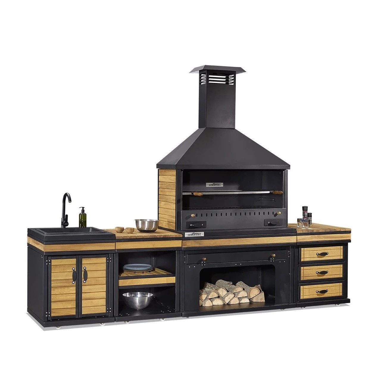Xlmoebel Outdoor-Küche XLMOEBEL Außenküche aus Holz und Edelstahl in Schwarz-Braun, Made in Europa