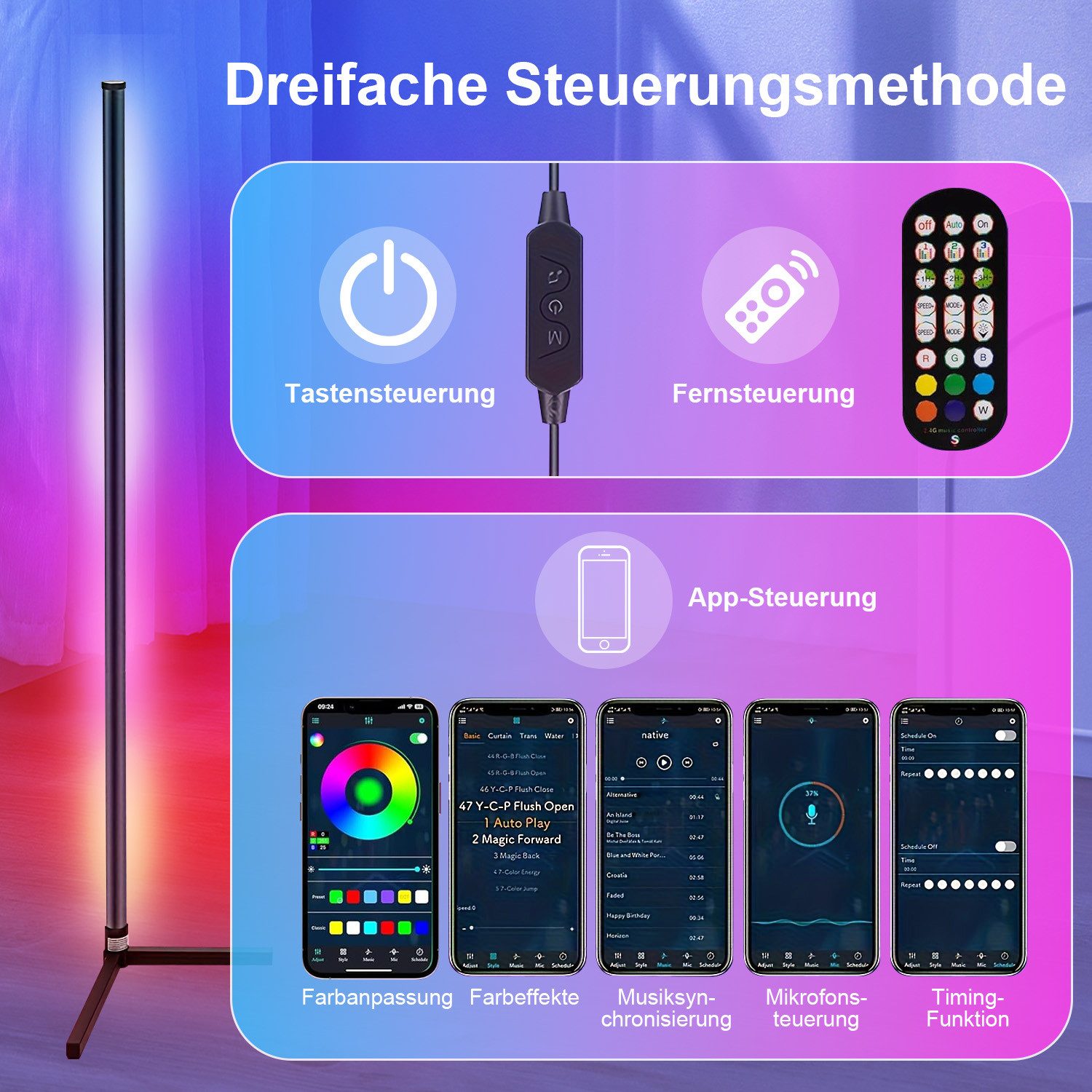 Sunicol LED Stehlampe RGB LED Stehlampe Wohnzimmer, Musik Sync, DIY-Modus, Zeitschaltuhr, 125-165cm Standleuchte Dimmbar mit Fernbedienung und APP
