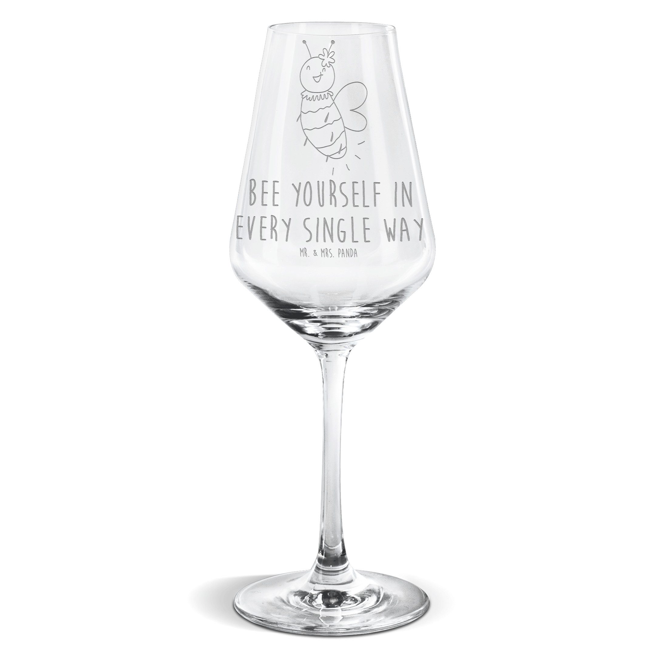 Mr. & Mrs. Panda Weißweinglas Biene Blume - Transparent - Geschenk, Spülmaschinenfeste Weingläser, Premium Glas, Einzigartig graviert