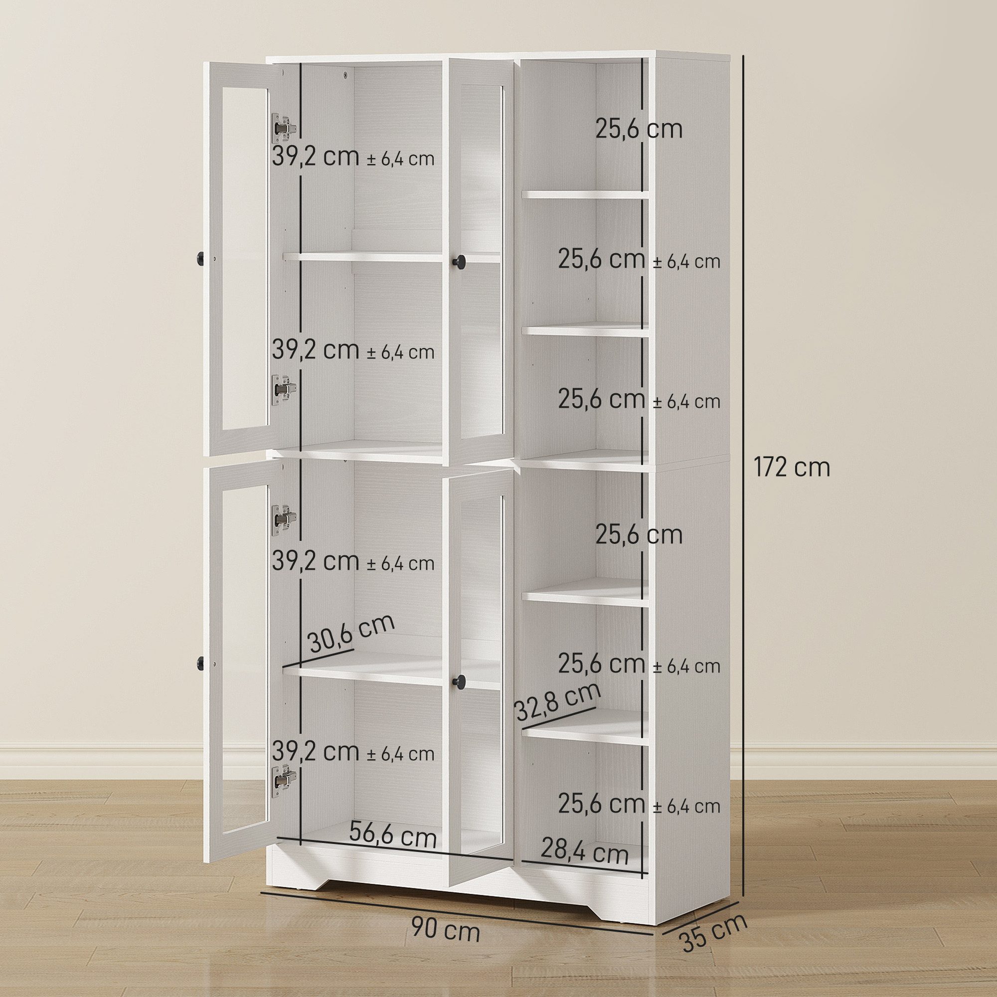 HOMCOM Küchenbuffet 172 cm groß (Schrank mit Glastüren, 1-St., Hochschrank) Großer Stauraum, Weiß