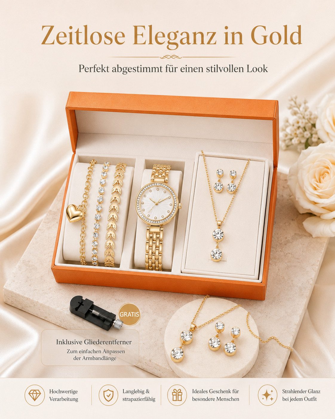 Fyrove Quarzuhr Damen Schmuck-Uhrenset Elegante Geschenkbox – Geschenk für Frauen, (mit Quarzuhr, Halskette, Ohrringen und 3 Armbändern inkl, 7-tlg., Valentinstagsgeschenk für Frauen, Weihnachtsgeschenk für Frauen)