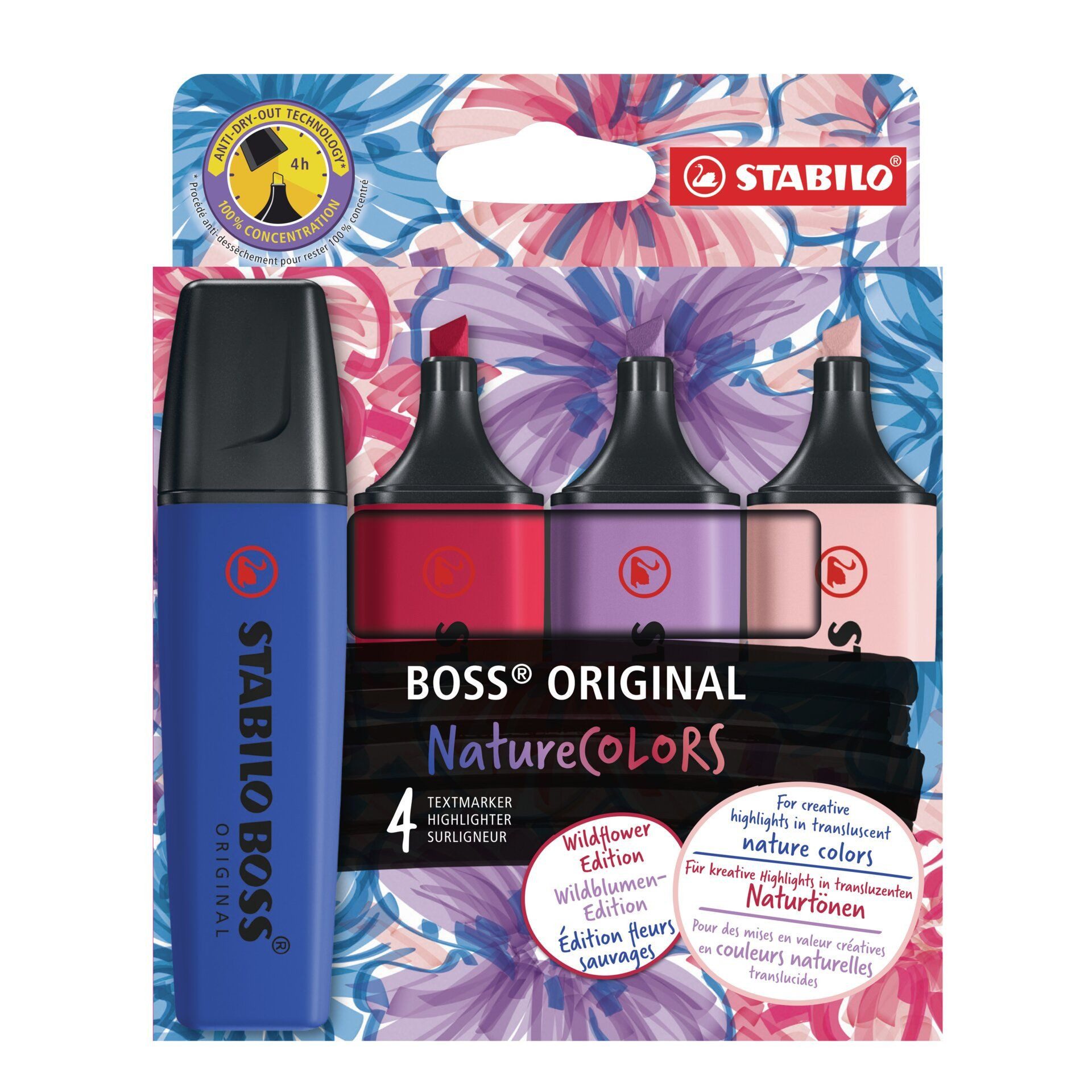 STABILO Marker Textmarker 4er Set NatureCOLORS Wildflower, Anti-Dry-Out-Technologie