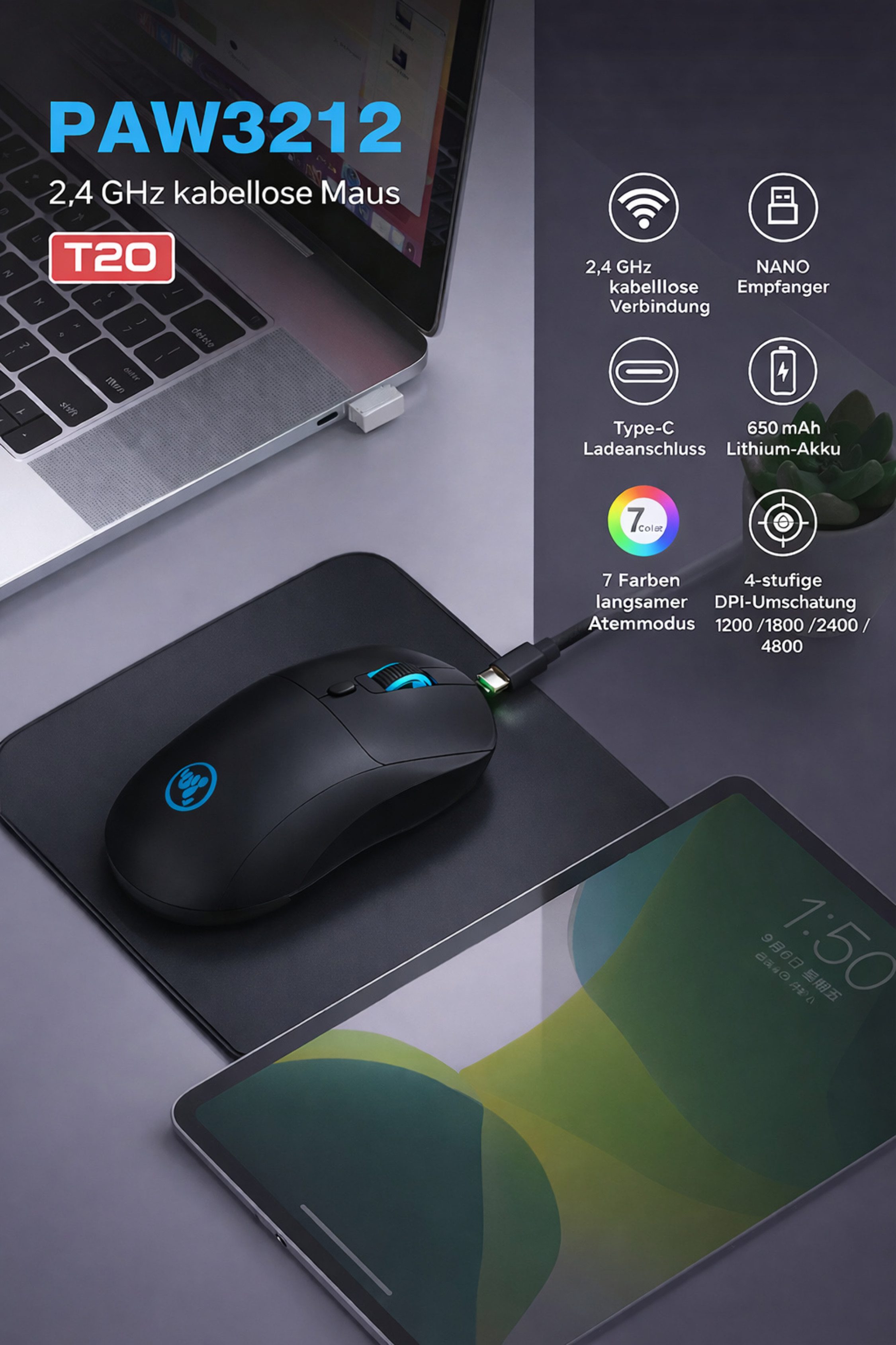 RUHE Gaming Maus RGB Kabellos Wireless Büro Laut Beleuchtung Plug & Play Maus (Funk, 2.5G, USB-Dongel, Kabelgebundene Aufladung, Drahtlos, Optische Maus, Ergonomisch, 4800 dpi, Einstellbar DPI Schwarz Weiß 6 Tasten 10M für Laptop/PC/Mac/Computer)