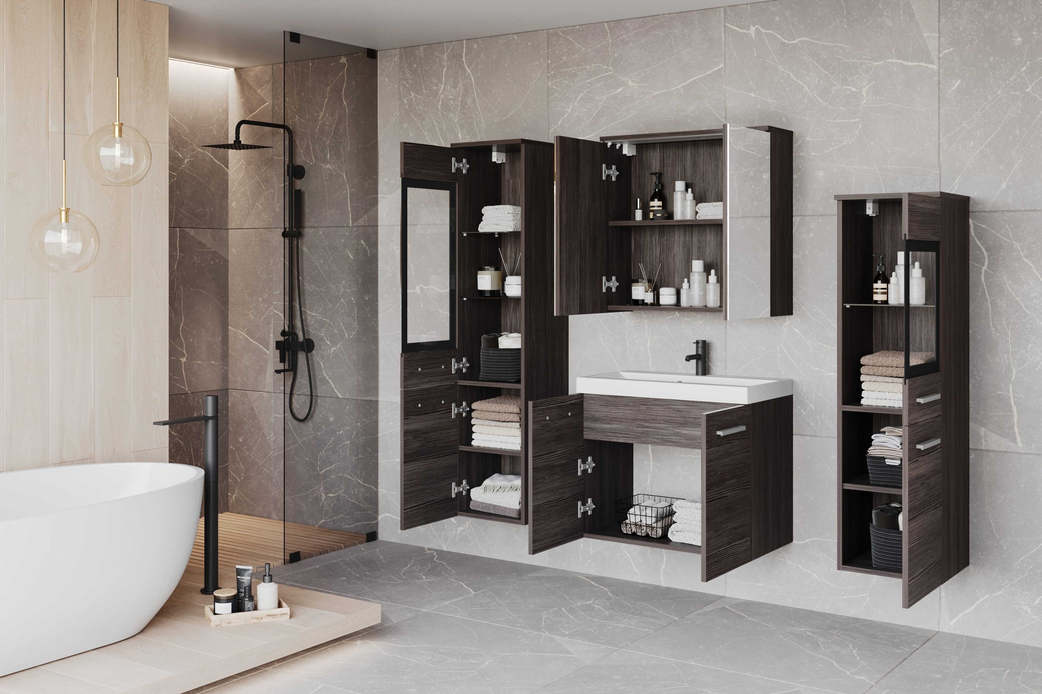 welltime Badmöbel-Set MADRIT II, Schrank mit Waschbecken, 2 Hänger, Spiegelschrank, (Komplett-Set, 5-St), Hängende Badmöbel mit Glaseinsätzen – in vielen Farben erhältlich