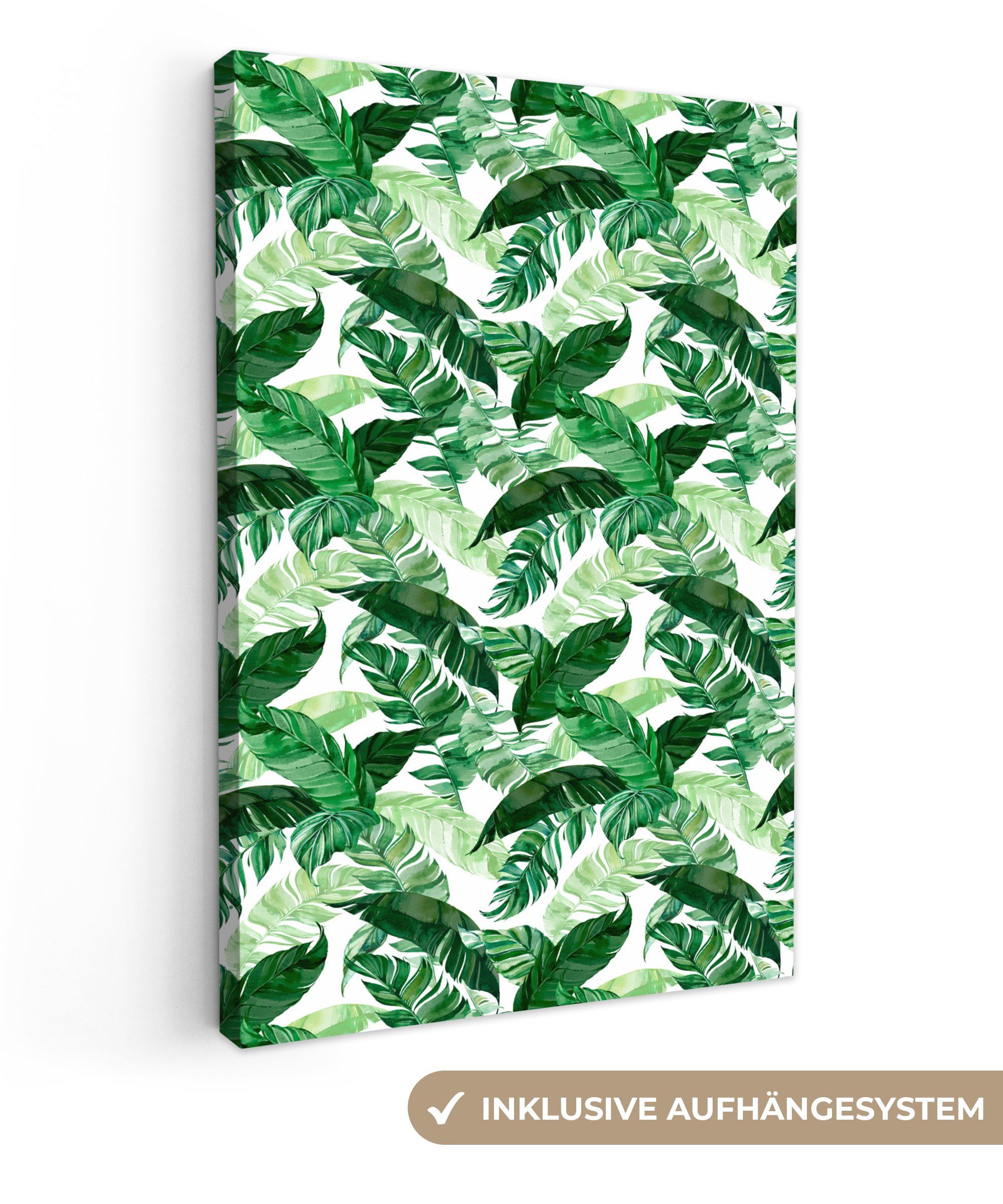 OneMillionCanvasses® Leinwandbild inkl. bespannt Blätter, Grün - (1 Zackenaufhänger, St), fertig Gemälde, cm Blumen Leinwandbild 20x30 