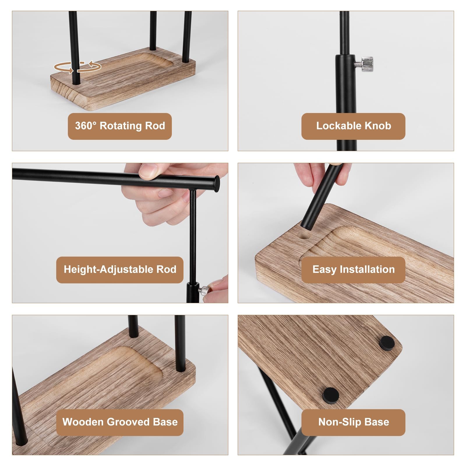 SURFOU Schmuckständer Schmuckständer 3 Ebenen Metall Holz Schmuck Organizer Verstellbar (Schmucktablett, Schmuckhalter, Schmuckaufbewahrung, ausziehbarer Kettenhalter für Ringe Ohrringe Ketten Armbänder, 1 St), 3-stufiges Design, Höhenverstellbar bis ca. 32 cm, Drehbare T-Stangen