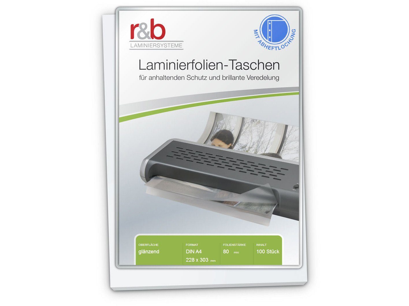 r&b Laminiersysteme Laminierfolie Laminierfolien A4 (228 x 303 mm) 2 x 80 mic glänzend 4fach-Lochung, DIN A4, 80 µm, glänzend, 100 St., Glänzend, reißfest, wasserdicht, 4-fach Abheftlochung, langlebig