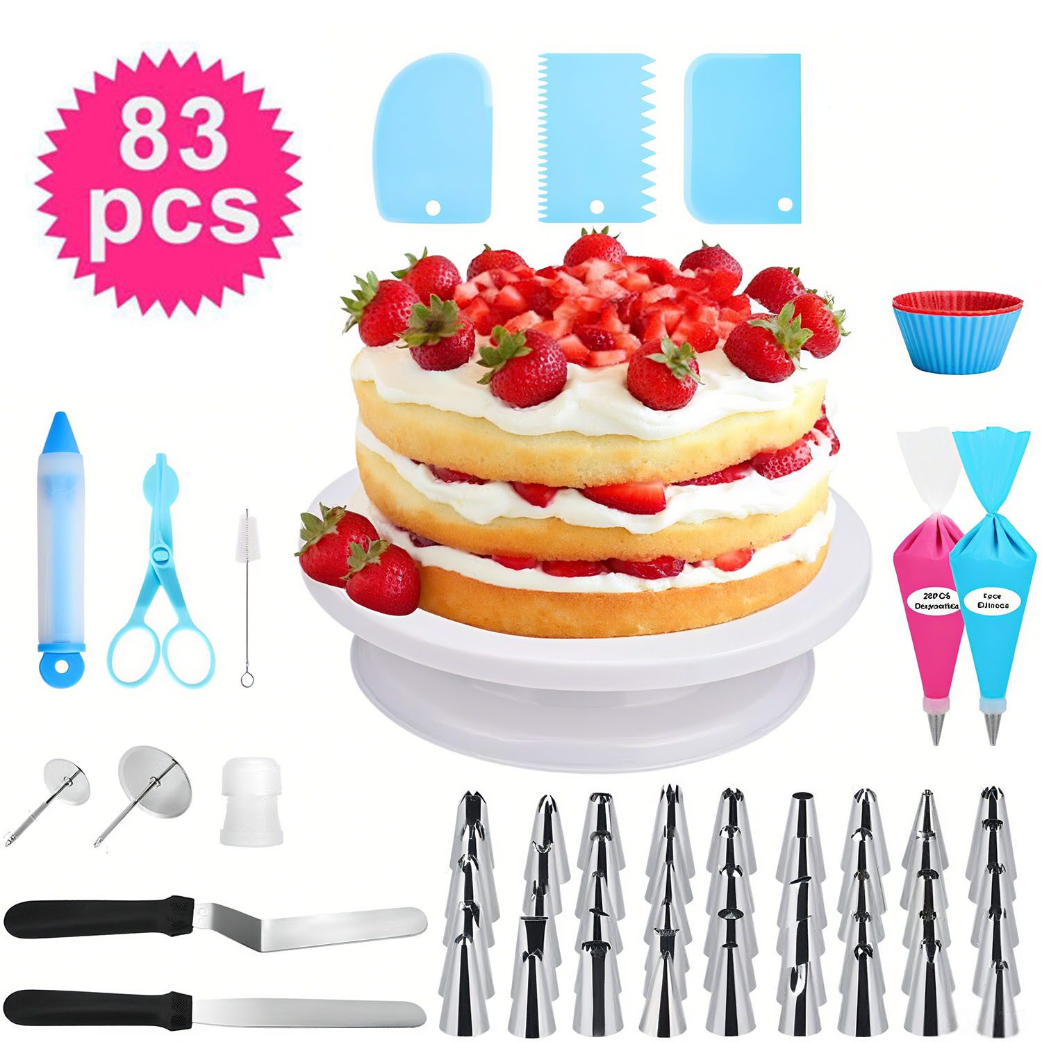 SURFOU Tortenplatte 83-teiliges Drehbarer Tortenständer Kuchen Backzubehör, (Tortenspachtel Glätter, Spritzbeuteln Spritzspitzen, Tortenzubehörset), Dekorations Kits, Cake Decorating Turntable mit Kuchenschabern