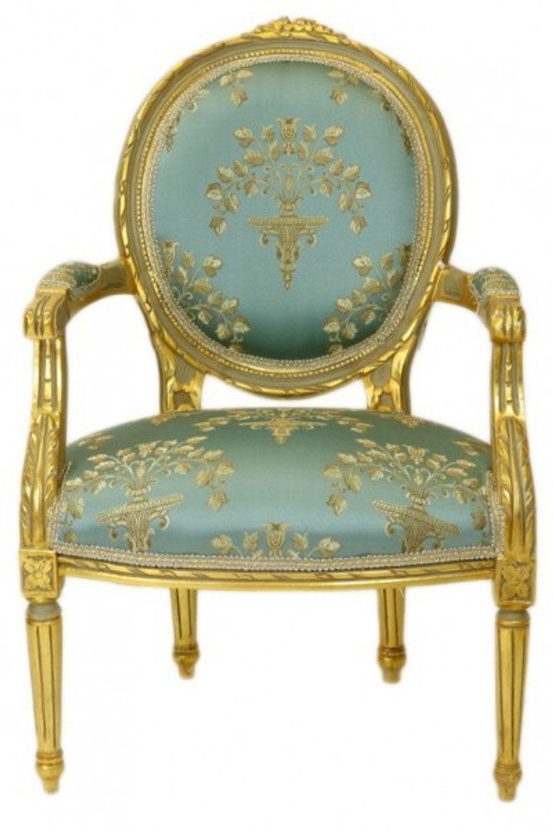 Casa Padrino Besucherstuhl Barock Medaillon Salon Stuhl Türkis Muster / Gold Modell Versailles - Möbel Antik Stil