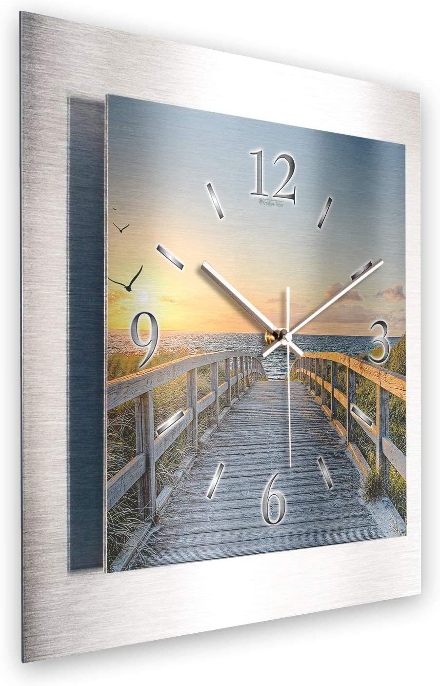 Kreative Feder Wanduhr 3D Designer-Wanduhr „Steg ans Meer" aus gebürstetem günstig online kaufen