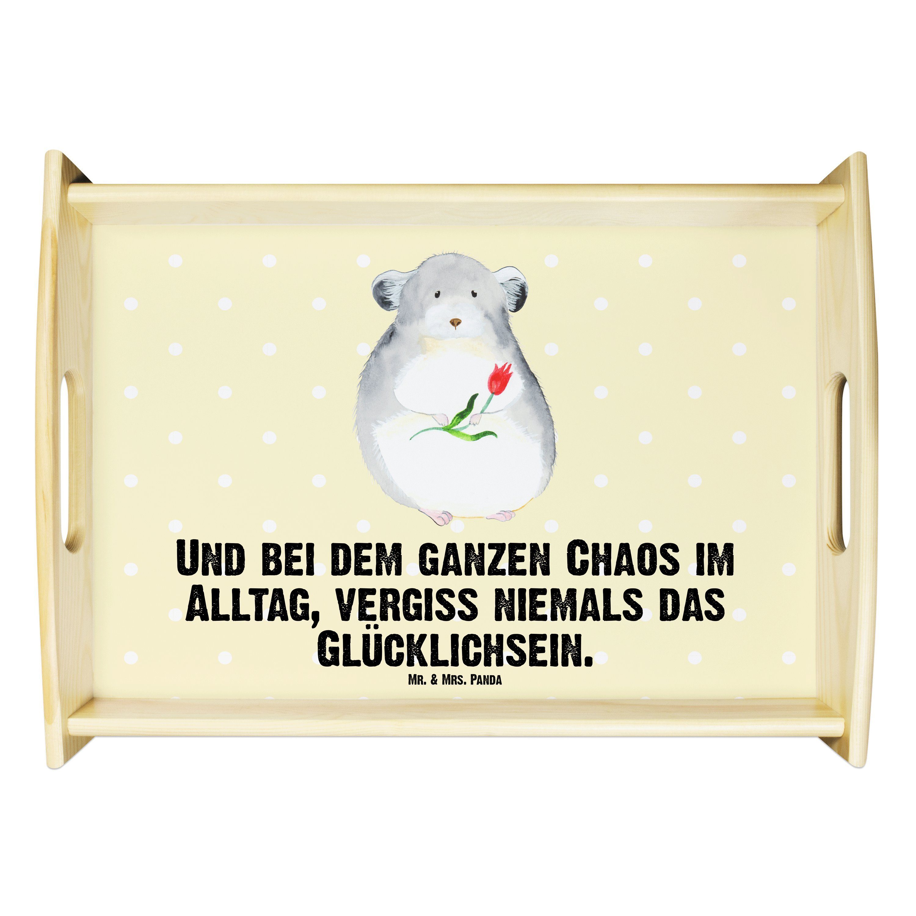 Mr. & Mrs. Panda Tablett Chinchilla mit Blume - Gelb Pastell - Geschenk, Chaos, Tiere, Gute La, Echtholz lasiert, (1-tlg)