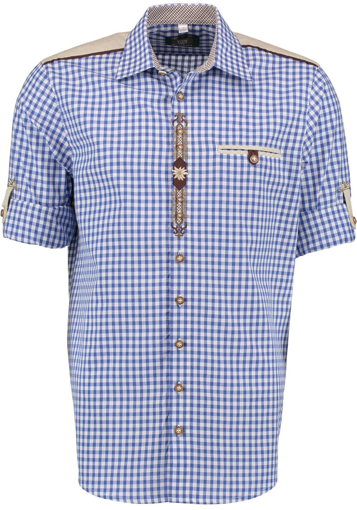 OS-Trachten Trachtenhemd Draker Paspeltasche, auf mit Langarmhemd Edelweiß-Stickerei der Knopfleiste mittelblau