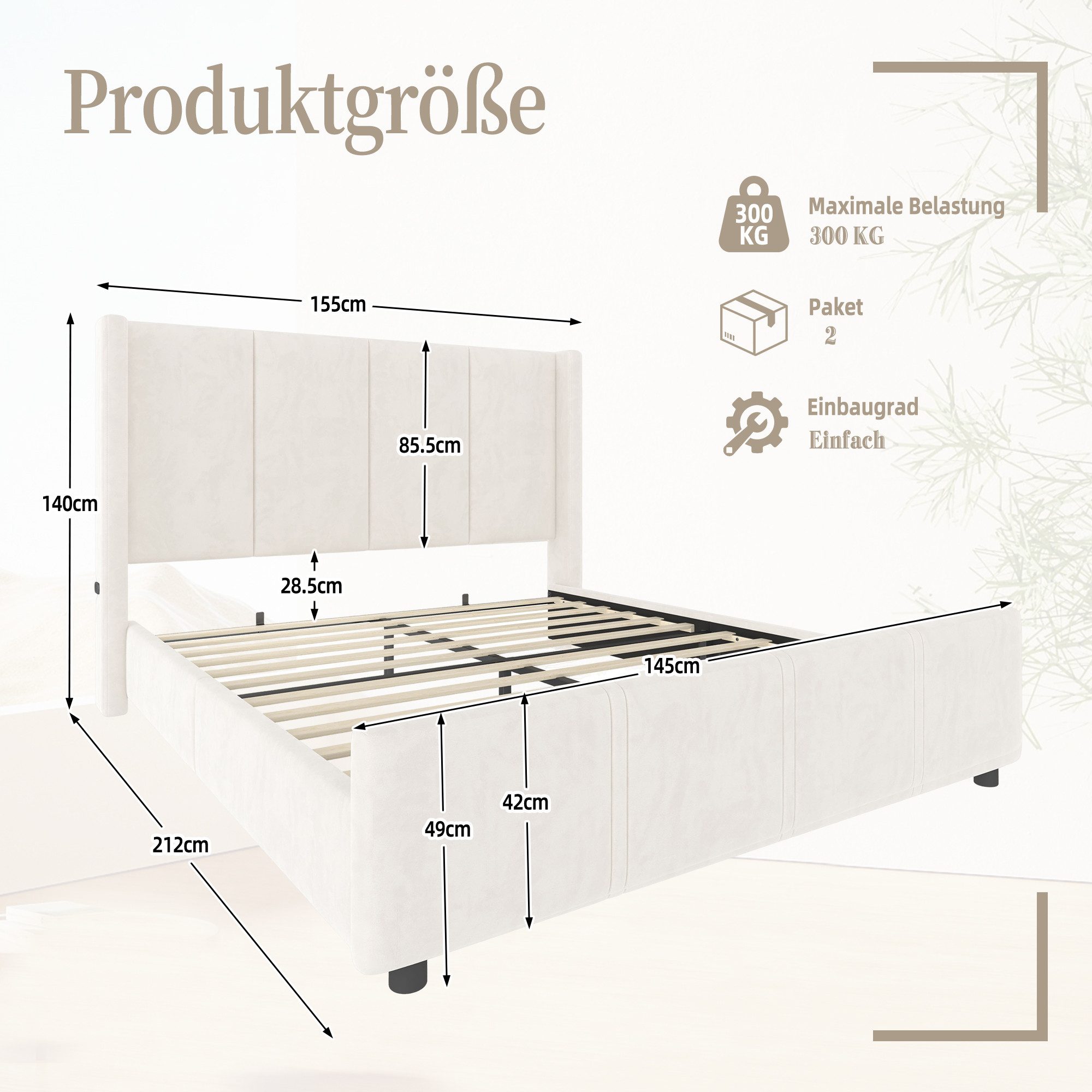 Celya Polsterbett Doppelbett, hohes Kopf- und Fußteil, zertifizierter USB-Anschluss (Ohne Matratze, Kombination aus Eisenrahmen und Holzplatte, stabil und langlebig), 140 x 200 cm stilvoller, moderner Polsterbettrahmen