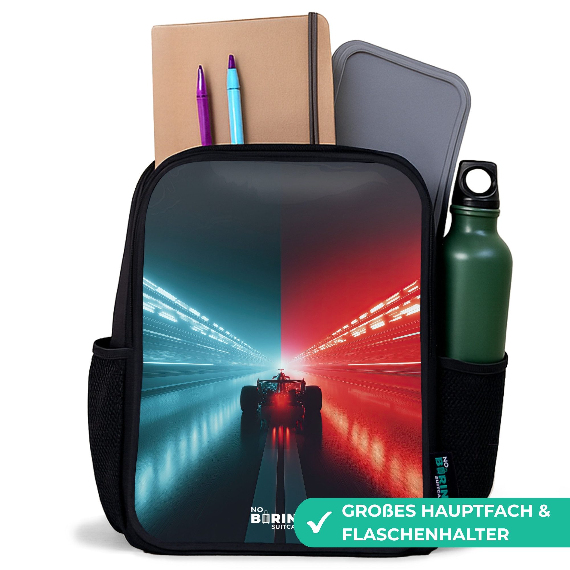NoBoringSuitcases.com© Rucksack Rennstrecke - Rennwagen - Neon - Rot, Kinderrucksack Schwarz, Schulrucksack, Freizeitrucksack Jungen Mädchen