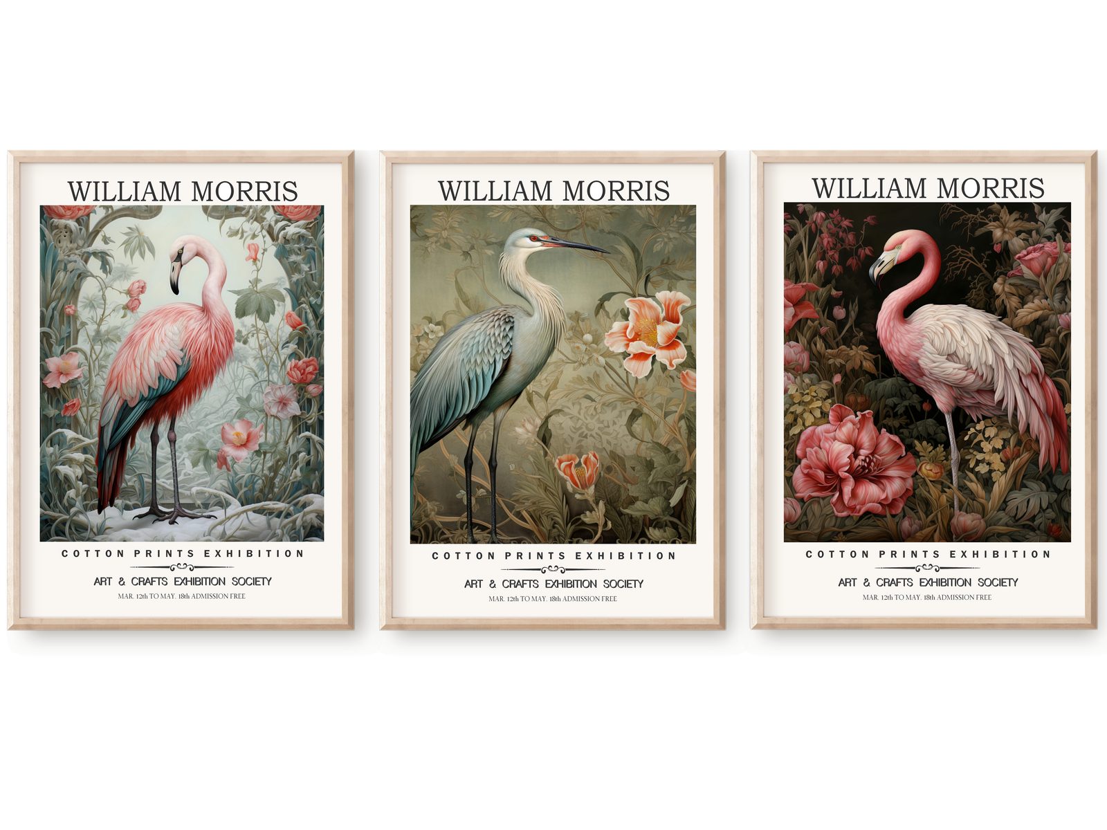 homestyle-accessoires Poster Bilderset Wandbilder Bilderwand WILLIAM MORRIS FLAMINGO 3er SET, - OHNE BILDERRAHMEN - sorgfältige & sichere Verpackung
