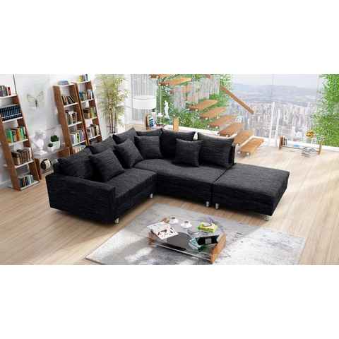 Küchen-Preisbombe Sofa Wohnlandschaft Couch Ecksofa Eckcouch Gewebestoff schwarz Minsk R, Ecksofa + Hocker