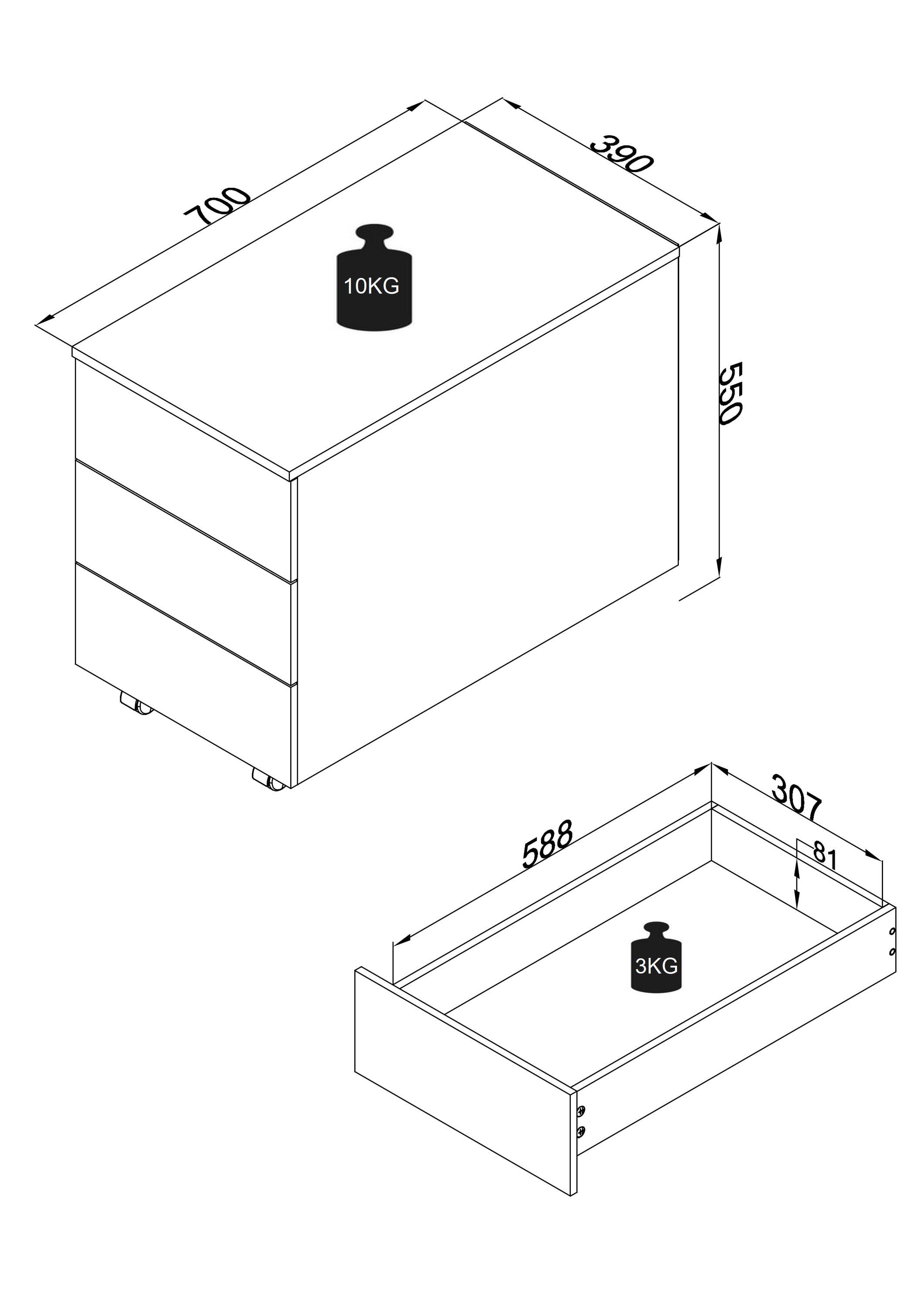 VCM Rollcontainer Dalosa B. 39 x T. 70 x H. 55 cm, Stauraum für Büromaterial, Arbeitszimmer, 3 Schubladen, Holzwerkstoff – Bild 5 von 5