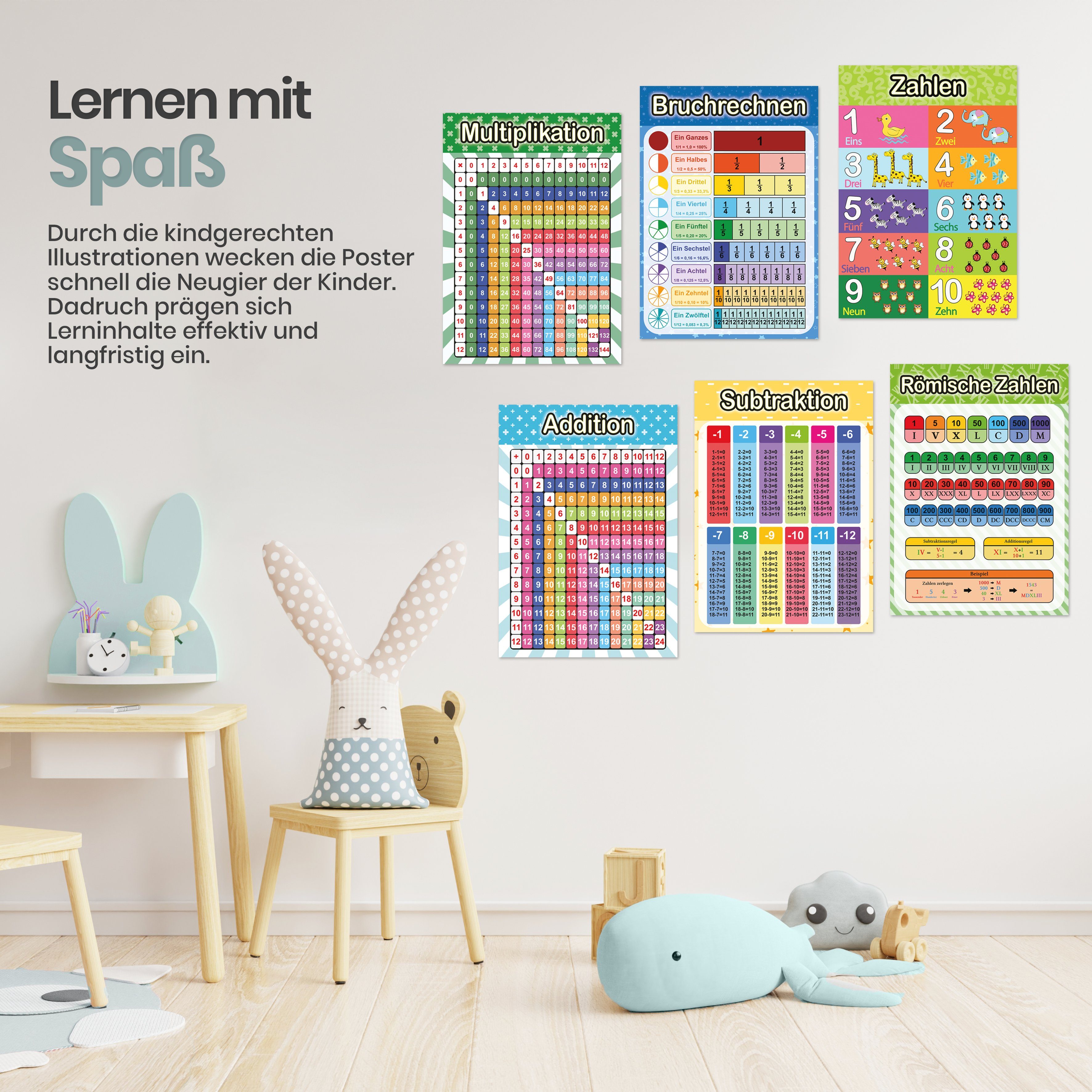 Likarto Poster 12 pädagogische Montessori Lernposter, Mathematik, Extra dickes Papier und beidseitig laminiert, lernen