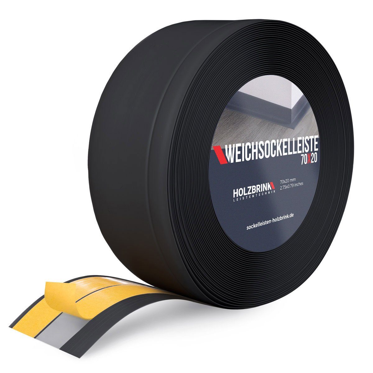 HOLZBRINK Sockelleiste PVC Weichsockelleiste selbstklebend 70x20mm Schwarz, 20m Rolle, Küchenabschlussleiste Arbeitsplatte, Fensterleiste, Fensterabdichtung