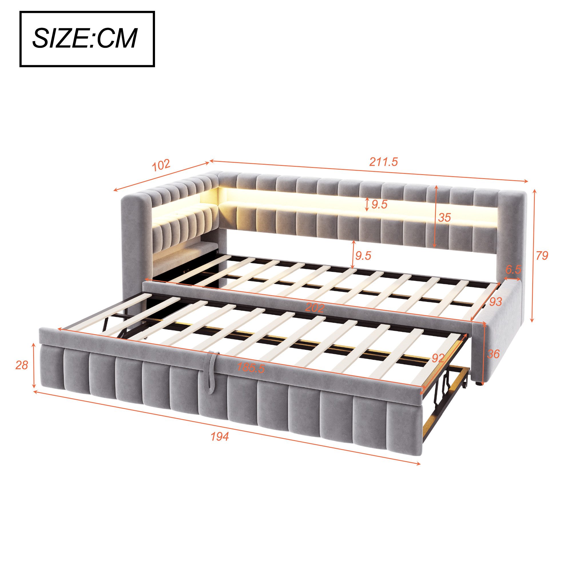 Odikalo Schlafsofa Schlafcouch Tagesbett Daybed Daybett USB Kopfteil 90x200cm Mehrfarbig – Bild 5 von 5
