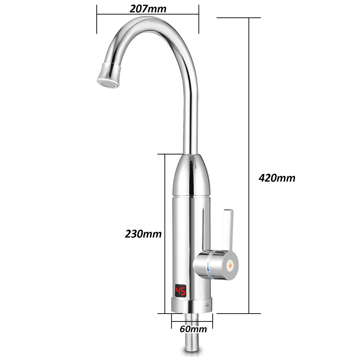 Küchenarmatur IPX4 Elektrischer 3KW Armatur Lospitch Ausziehbrause Armatur Digitalanzeige Display Wasserhahn mit Durchlauferhitzer Bad 360) (Warmwasserbereiter LED Küche