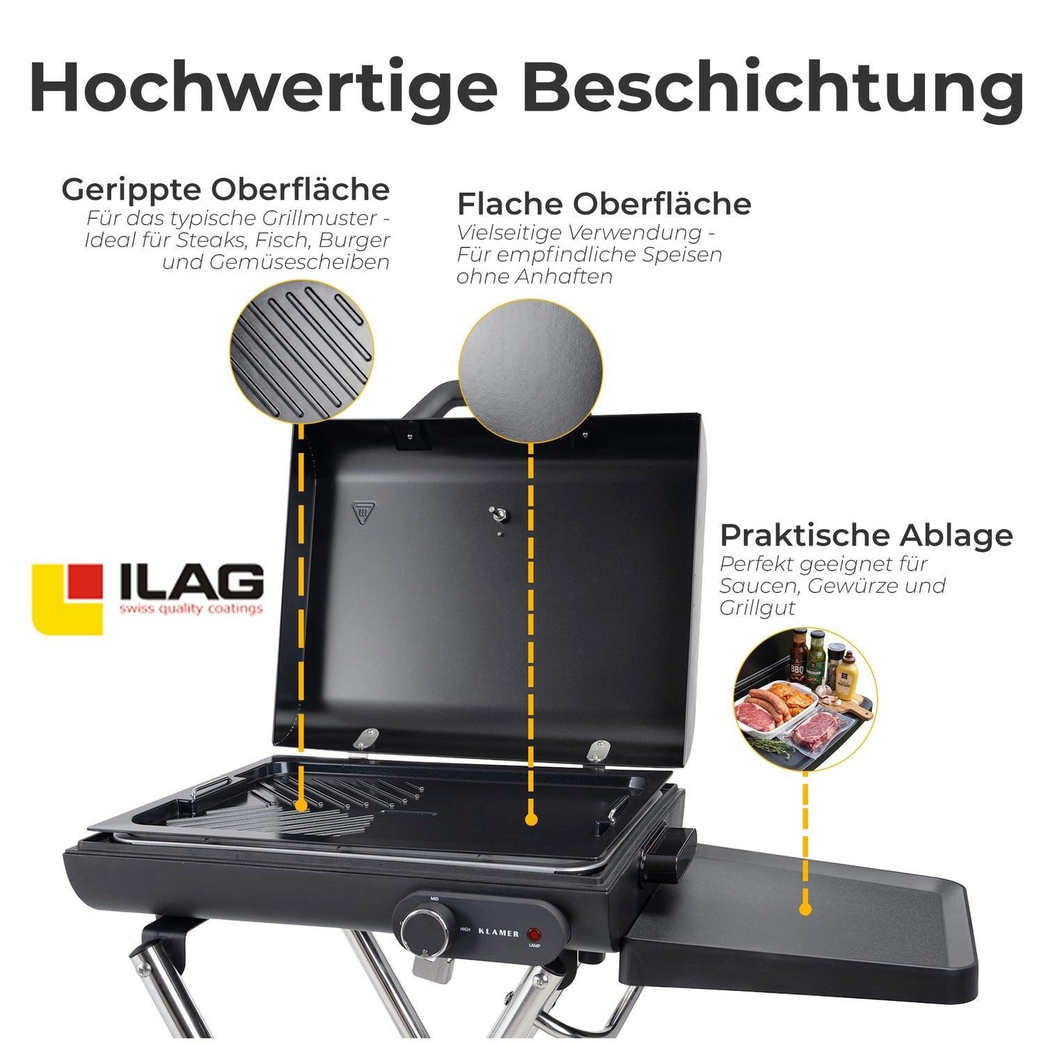 KLAMER Elektrogrill Klappbar, Balkon & Draußen, Deckelthermometer, Rollen, 2180 W, klappbar, Eingebautes Deckelthermometer, Anti-Haft-Oberfläche