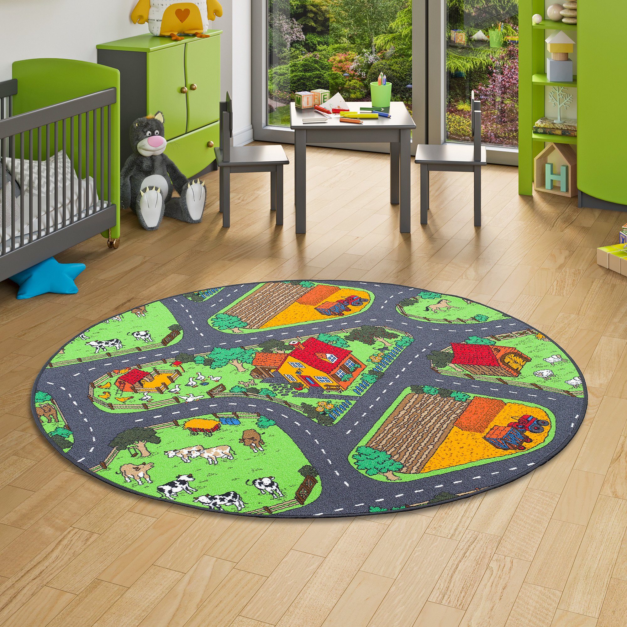 Snapstyle Kinderteppich Kinder Spiel Teppich Bauernhof Rund, Rund, Höhe: 4 mm