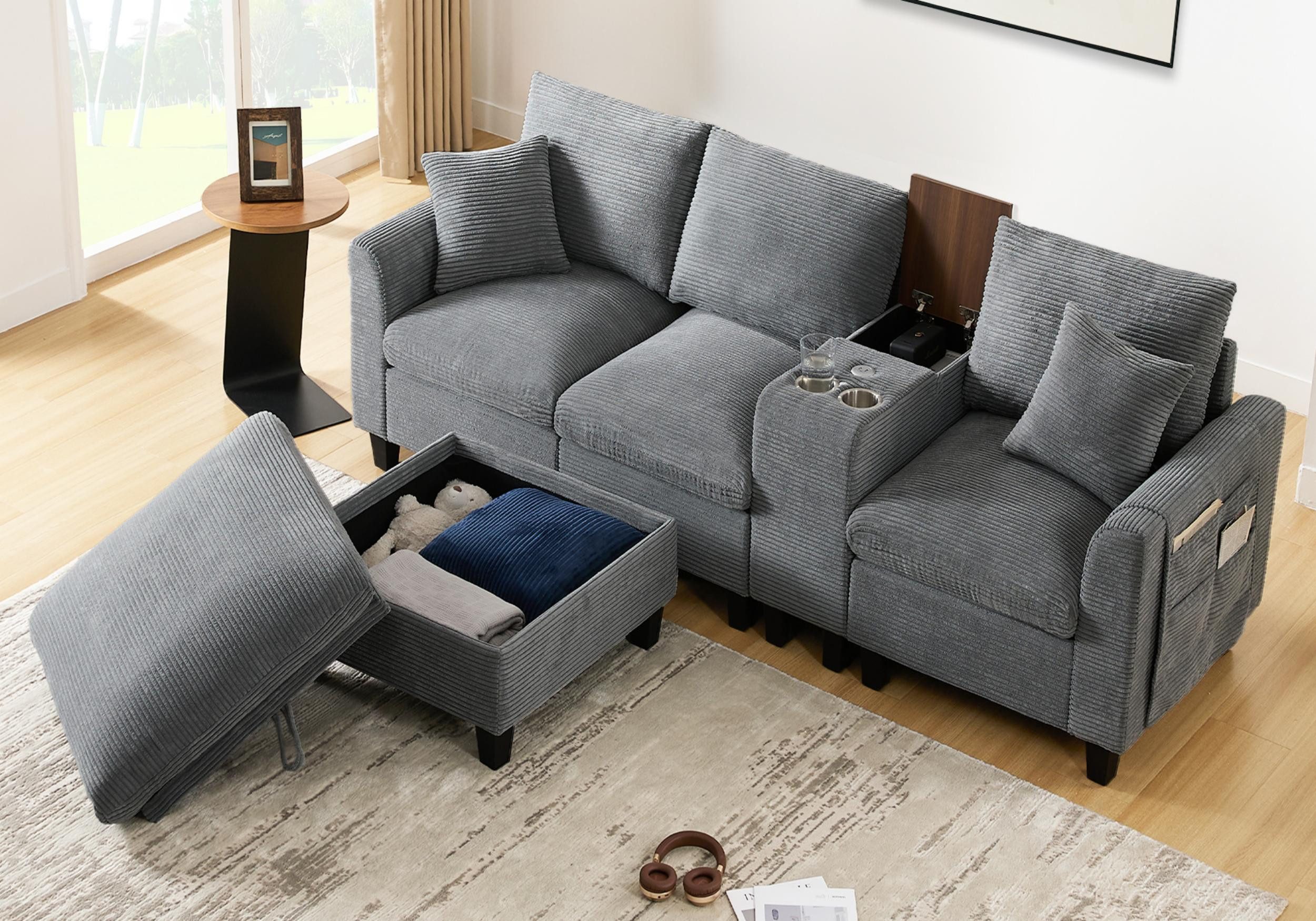 autolock 4-Sitzer Sofa L-Form Ecksofa, Umwandelbares Sofa mit Konsole für 4–5 Personen, Sofa für Wohnzimmer, Apartment, Kleine Räume, Cord Stoff