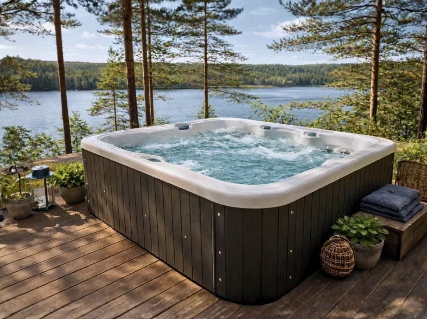 SPA Kompagniet Whirlpool Scandinavic Wood Art "Bahamas" Outdoor Whirlpool 4P Liegeplatz 209×185, Aufstellbecken, (Komplett mit Thermo-Cover, 2 Filtern und Beleuchtung), Outdoor-Whirlpool für 4 Personen mit 24 Massagedüsen