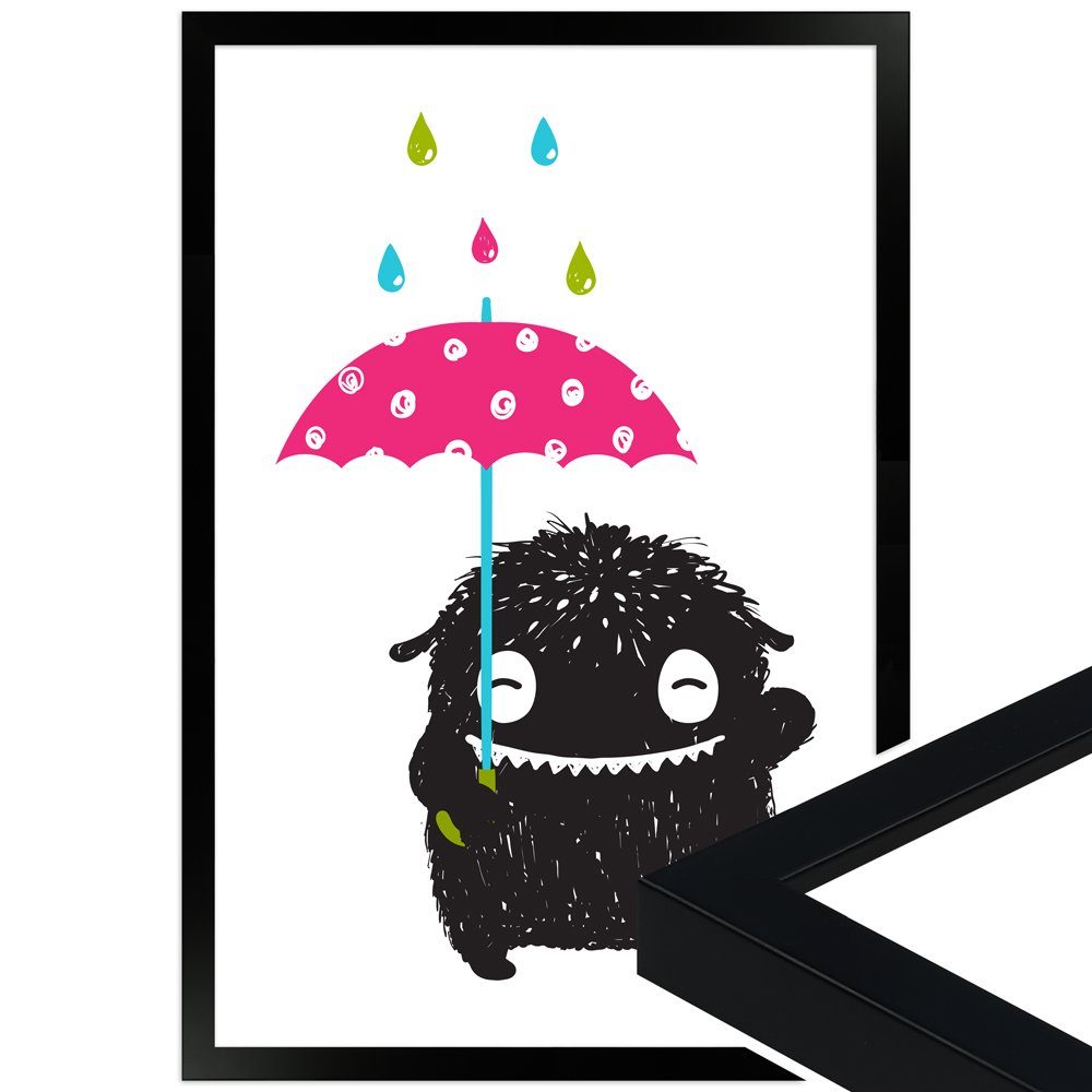 WANDStyle Bild mit Rahmen Monsterchen im Regen, süßes Poster fürs Kinderzimmer, in verschiedenen Größen