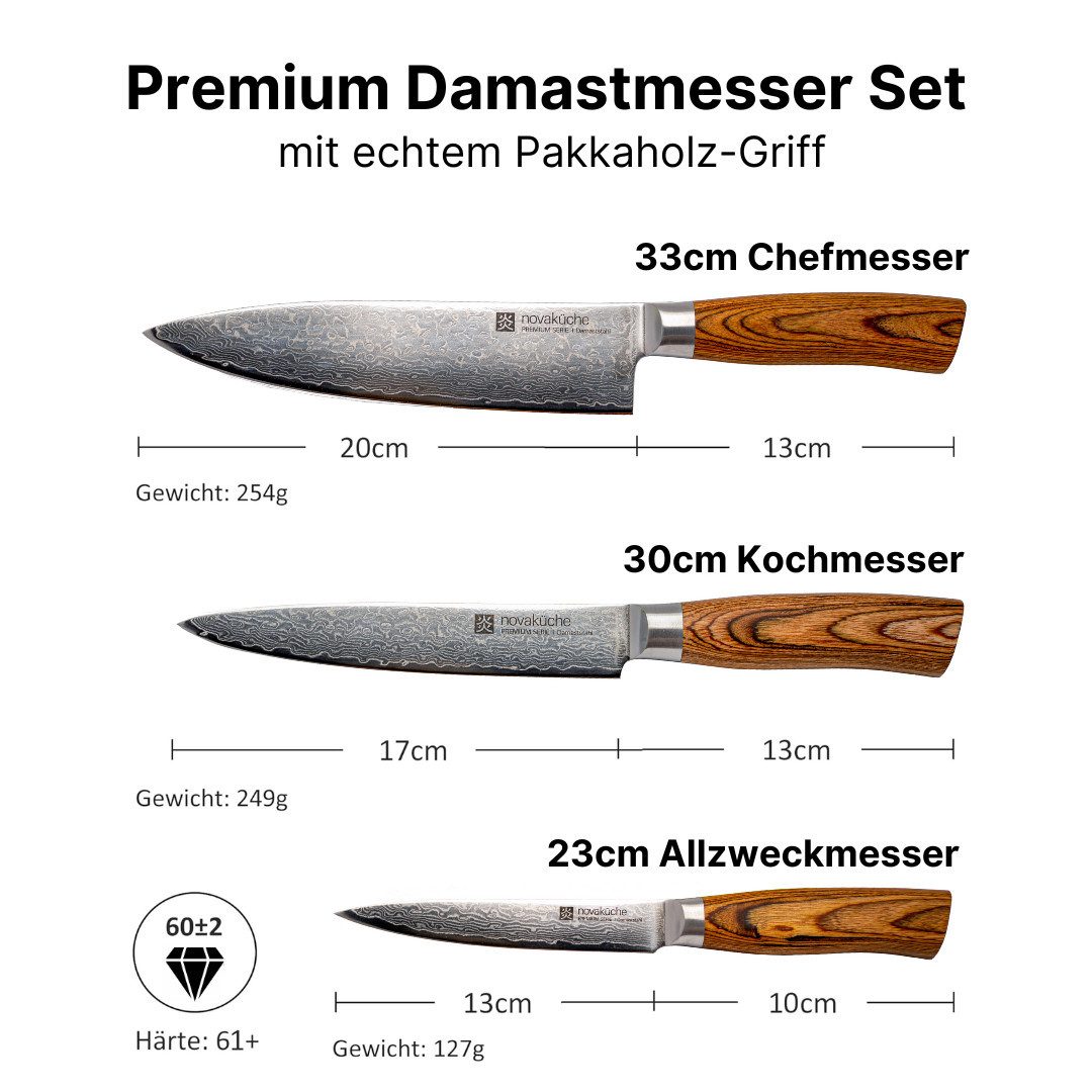 LIVINA HOME Messer-Set Kochmesser, 67-Damaststahl Messerset - 6-tlg. Küchenmesser Set (3-tlg., wahlweise als 3er, 5er oder 6er Set erhältlich), Damastmesser Japanischer Art, Geschenkbox, Black Friday Sale!