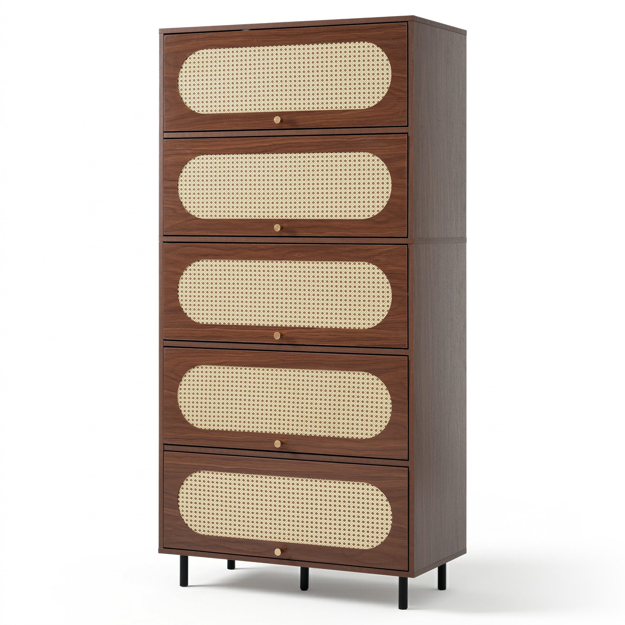 Flieks Hochschrank Kommode mit 5 Klappen und Rattantüren in Walnussholzfarbe (80x40x163 cm, 1-St., für Wohnzimmer, Schlafzimmer, Flur, Arbeitszimmer und Esszimmer) Mehrzweckschrank Sideboard Holzschrank Highboard, Metallbeine