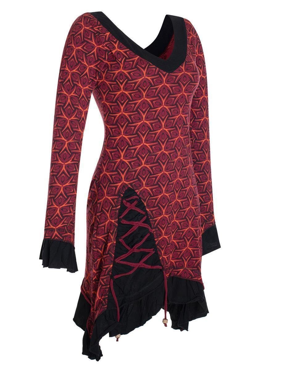 Vishes Zipfelkleid Langarm Kleid Bedruckt Rüschen Asymmetrisch Hippie, Elfen, dunkelrot Festkleid Volant