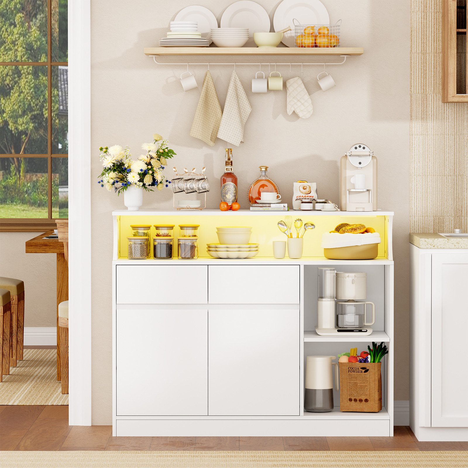 BEWISHOME Sideboard Küchenmöbel, mit Ladestation und LED-Beleuchtung, weiß (1 St), Beleuchtet und mit Steckdosenleiste