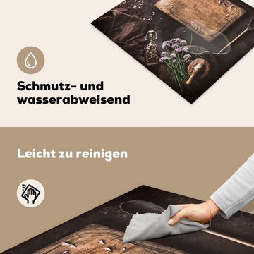 MuchoWow Herdblende-/Abdeckplatte Schneidebrett - Kräuter - Löffel - Küche - Rustikal - Mörser -, Vinyl, (1 tlg), 59x52 cm, Ceranfeldabdeckung für die küche, Induktionsmatte