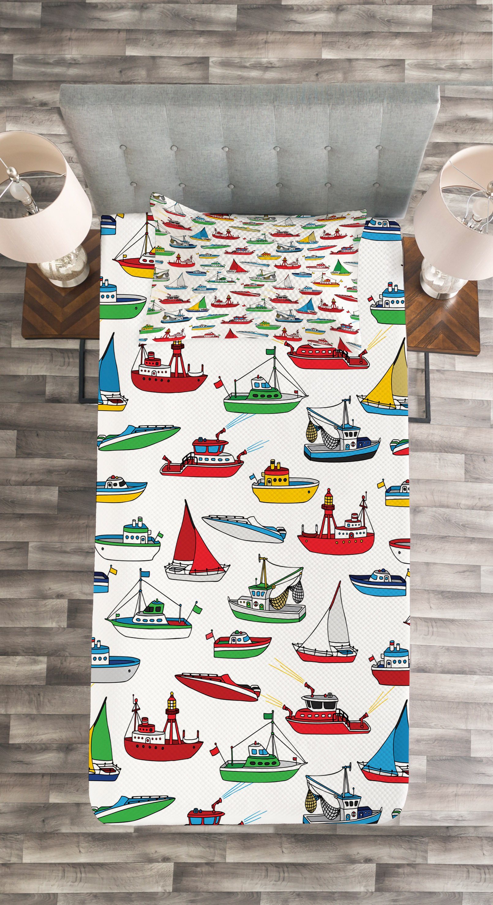 Waschbar, mit Kissenbezügen Kind Tagesdecke Fischerboote Set Cartoon Abakuhaus,