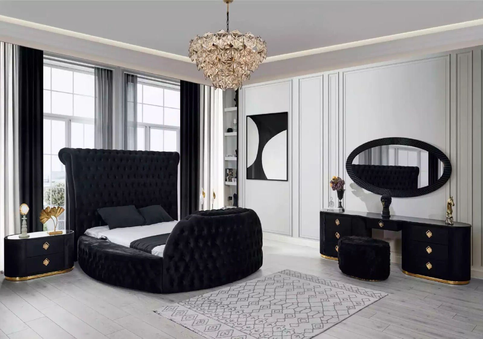 Xlmoebel Rundbett Chesterfield Bett mit Schrank und Liftmechanismus in elegantem Design (Bett + 2x Nachttische, 3-tlg., Bett + 2x Nachttische), Hergestellt in Europa