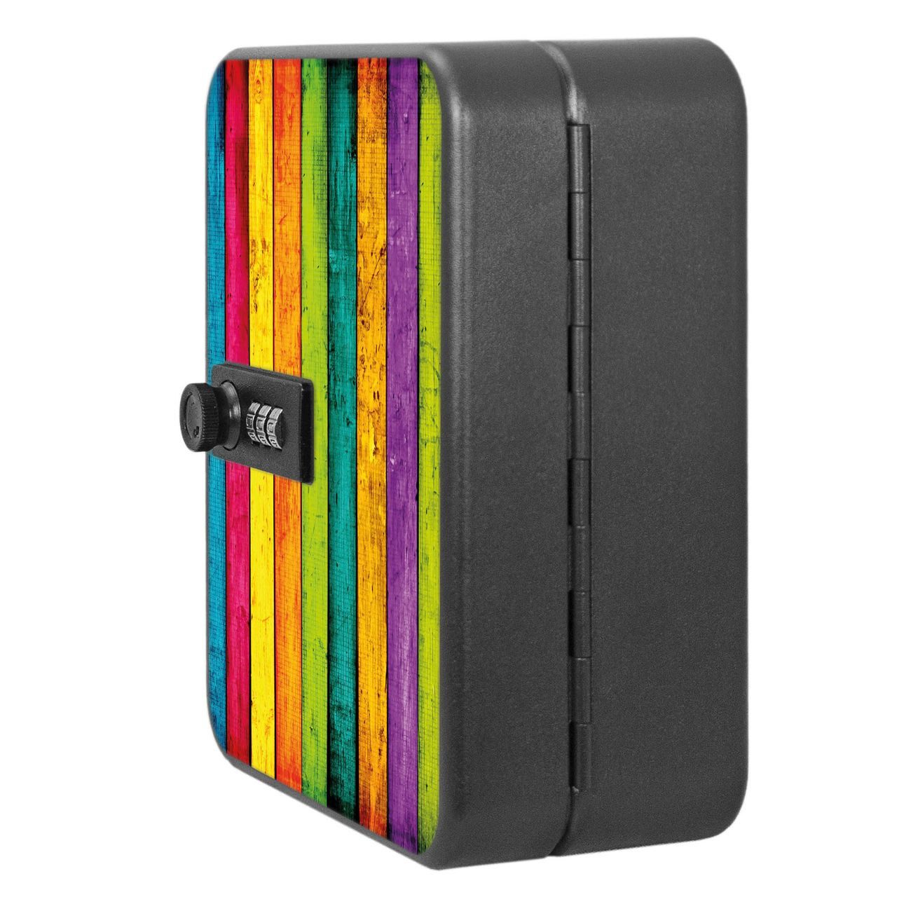 banjado Schlüsselkasten Stahl Bunte Holzlatten (Stahlgehäuse, Zahlenschloss, mit 20 Haken), 20 x 16 x 9,3 cm