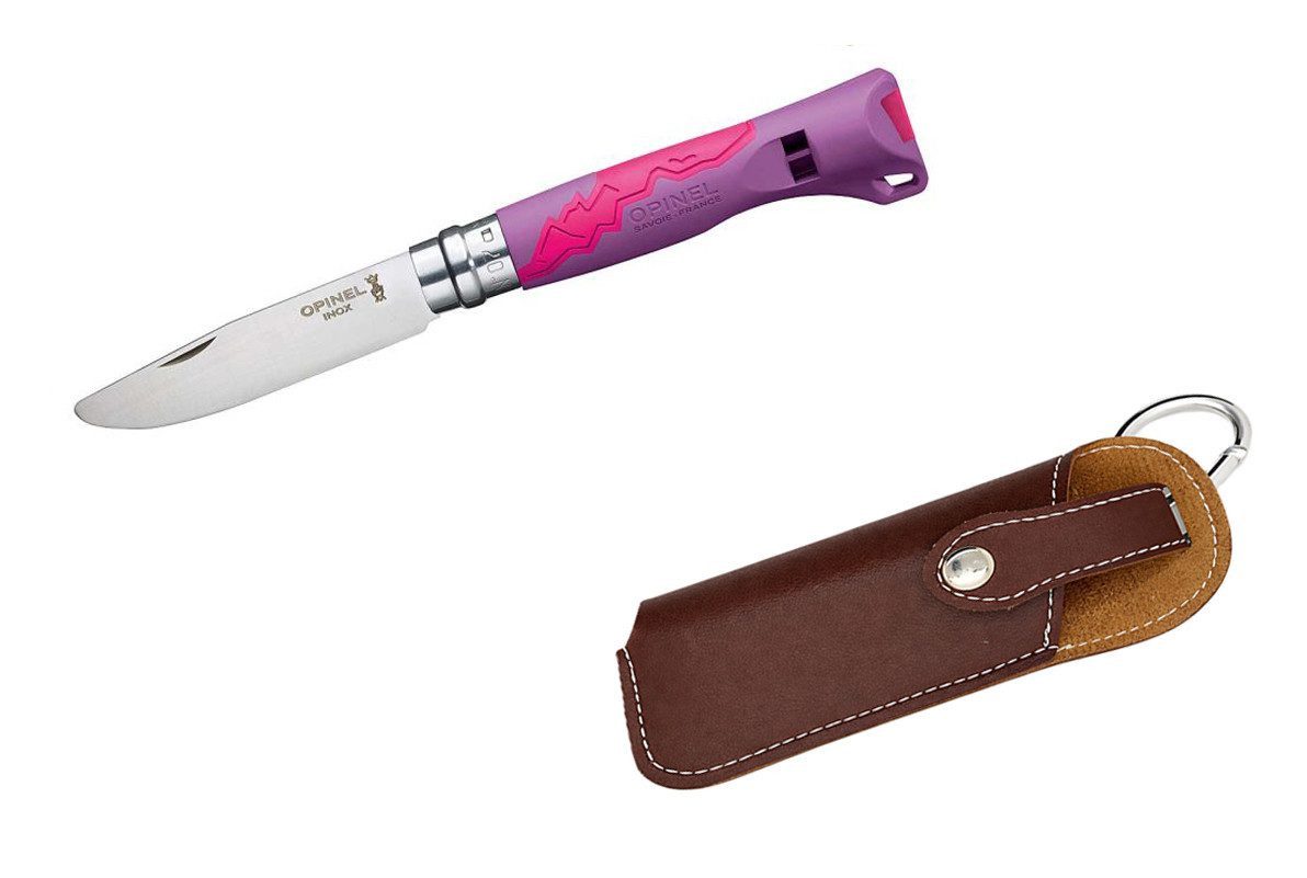 Opinel Taschenmesser Opinel No 07 OUTDOOR JUNIOR violett inkl. Messer-Etui, (mit passendem Messer-Etui, „Mein erstes Schnitzmesser von Opinel), Kinder-Schnitzmesser mit abgerundeter Klingenspitze