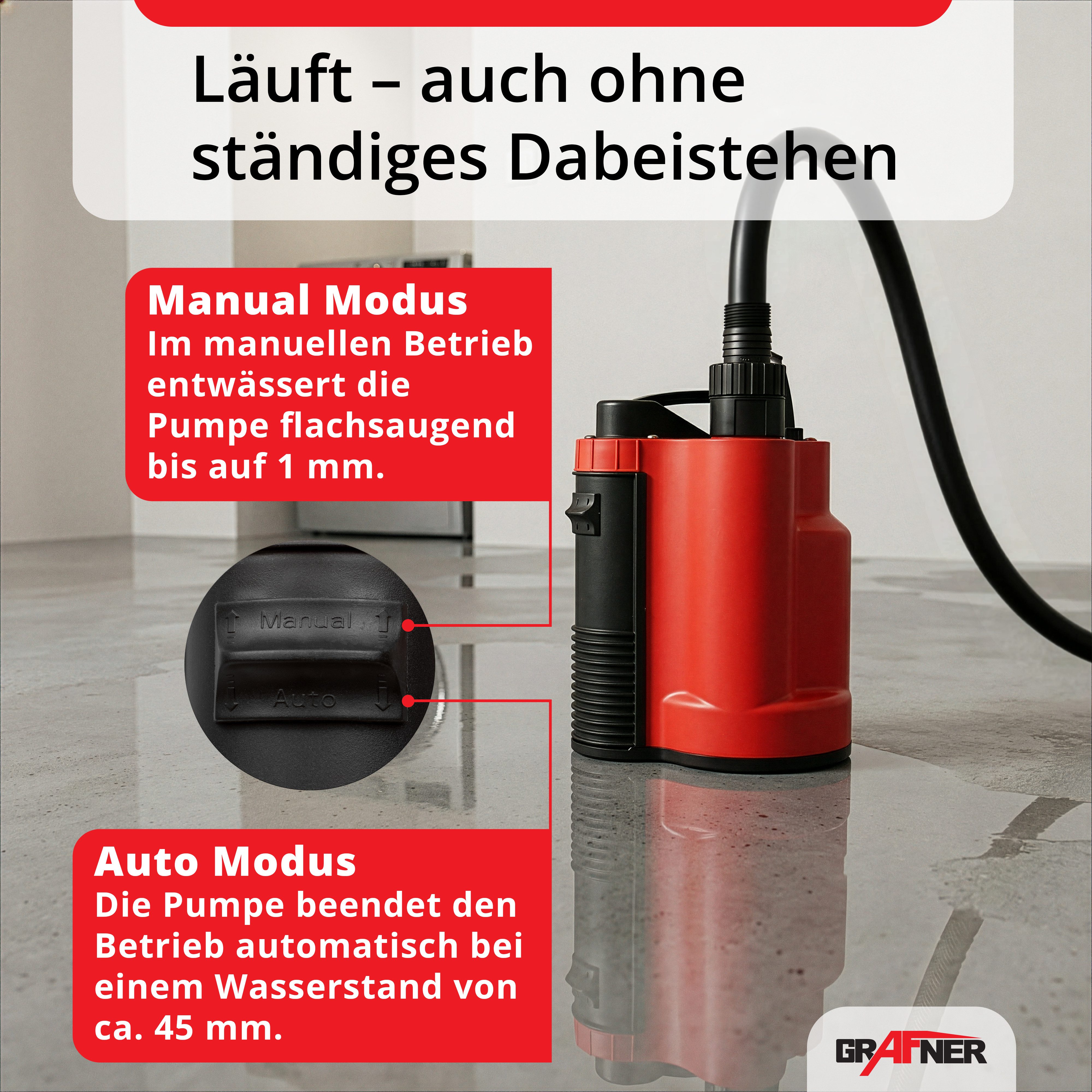 Grafner Schmutzwasser-Tauchpumpe Flachsaugerpumpe integrierter Schwimmschalter Automatik 750W 10500L/h, flachsaugend, integrierter Schwimmschalter, Rückschlagventil