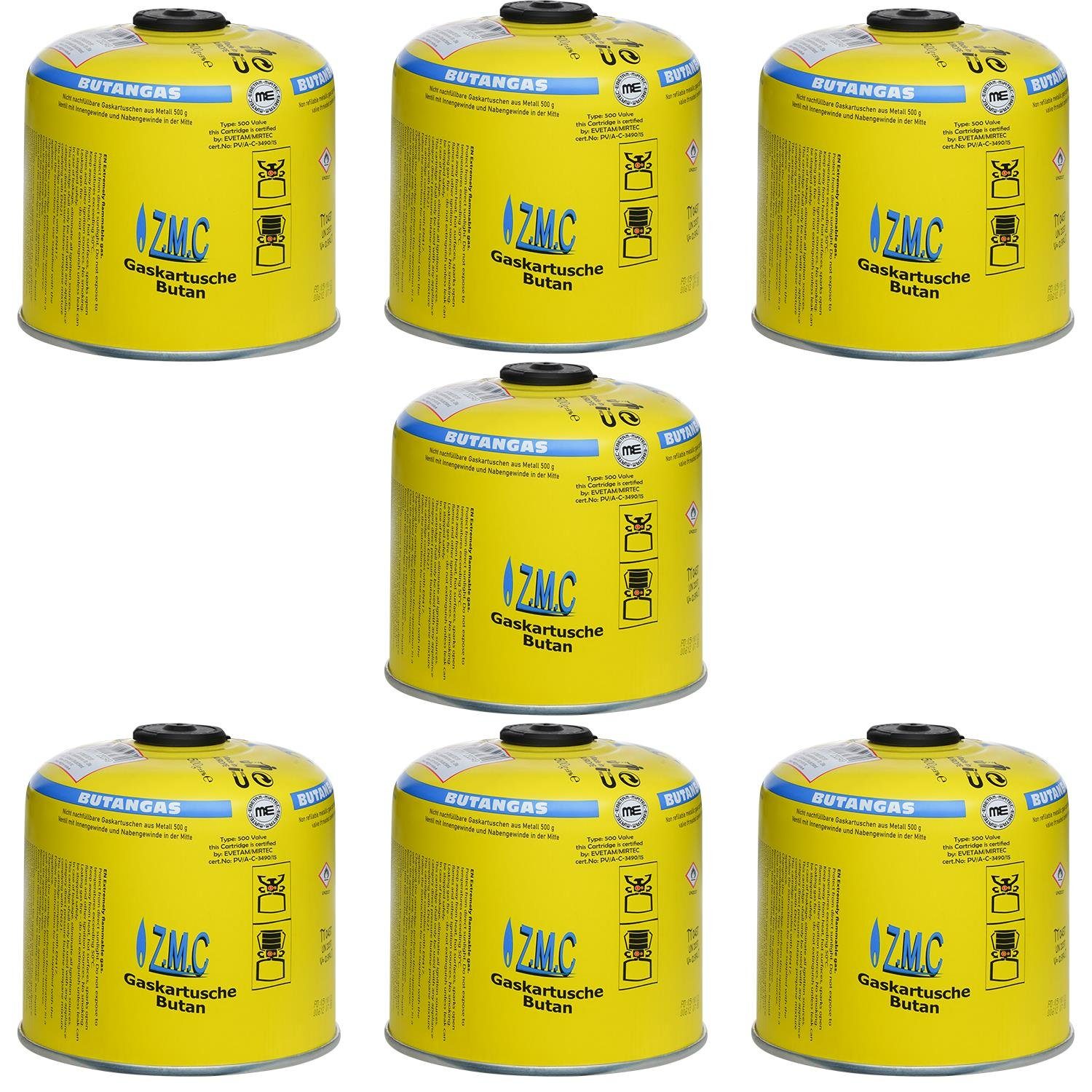 ZMC Gaskartusche 7x Universal Camping Propan Butan Gas 500g Schraubventil Gaskartusche, Zubehör für Butangas Druckgasdose Für Gaskocher / Gaslötgeräte / Abflammgeräte Eurogewinde, Schraubventil Gaskartuschen 990ml Ventilkartusche Gewindeanschluß